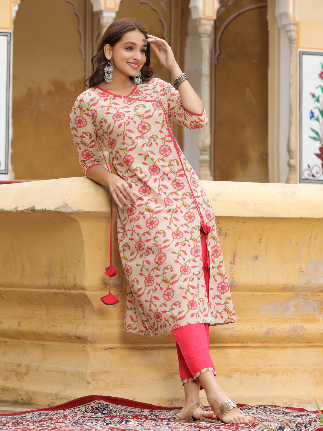 Beige Ethnic Print Angrakha Style Cotton Kurta With Palazzo
