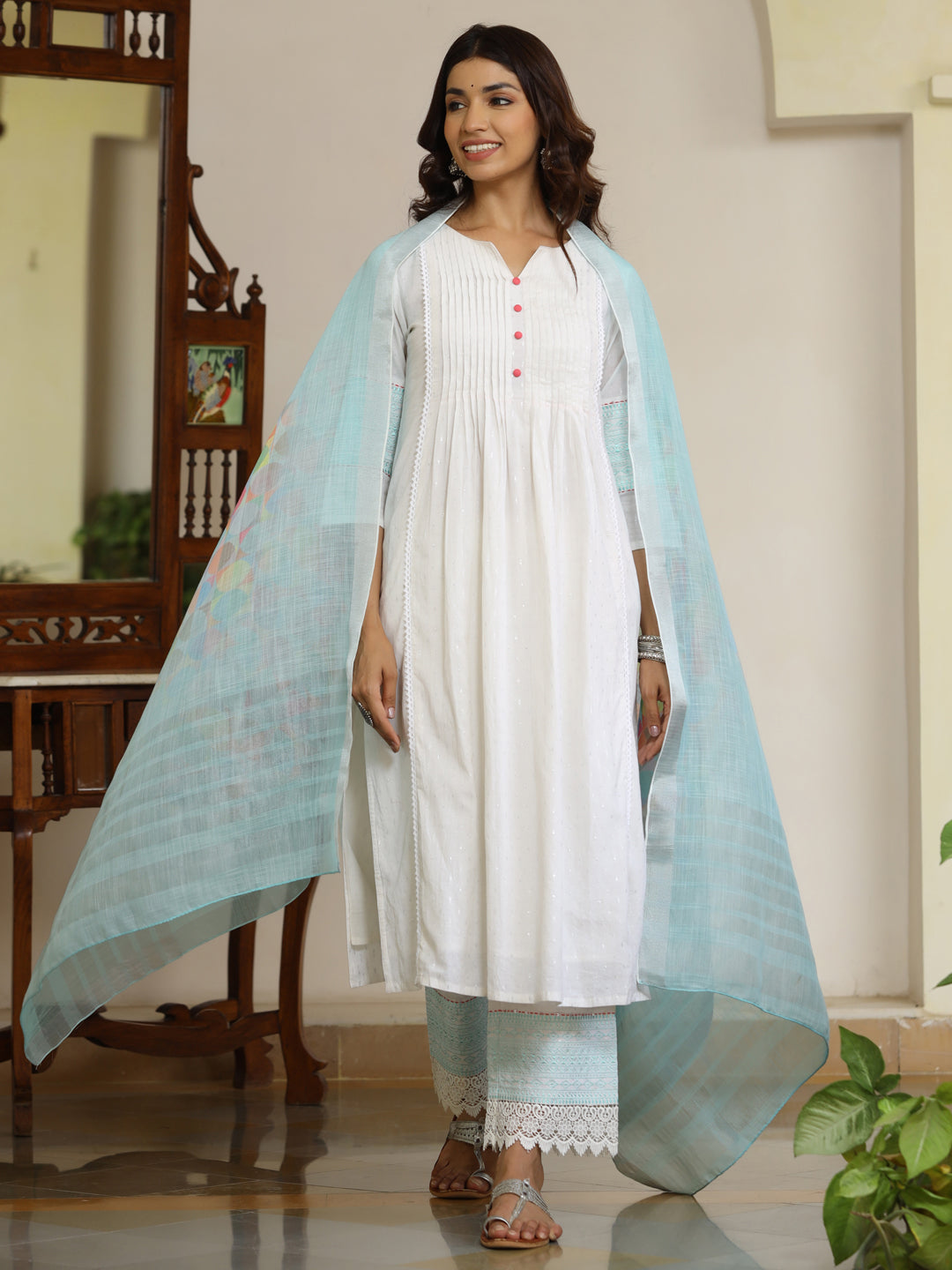 White Cotton Lurex Kurta Has A Round Neckline With Front Placket With Buttons And Both Side Pin Tucks Which Has Crochet Lace Inserted, Three Fourth Sleeves Has Thread Work Embroidery, A-Line With Flared Hemline, Cotton Blend White Palazzo Has Embroidery At Hemline With Both Side Pocket And Partially Elastic At Waist, Linen Digital Printed Dupatta.