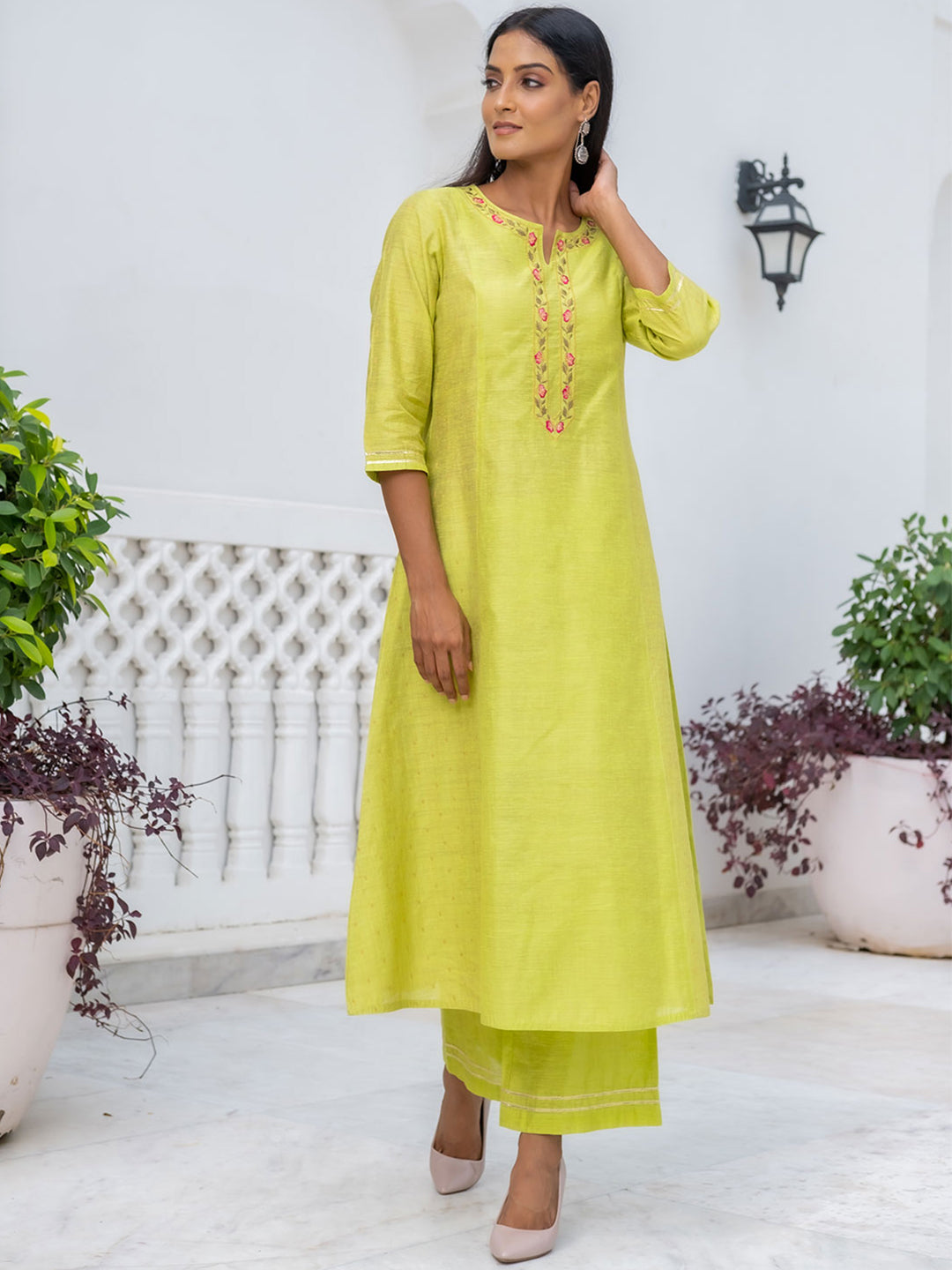 Lime Green Embroidered Chanderi A-Line Kurta With Palazzo