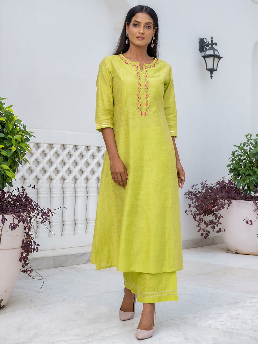 Lime Green Embroidered Chanderi A-Line Kurta With Palazzo