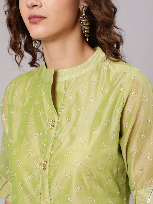 Shop Gold Print Embellished Mandarin Collar Gota Chanderi Kurta Palazzo & Chiffon Dupatta Online For Women. Get Latest Collection of Dresses at Jaipur Kurti.