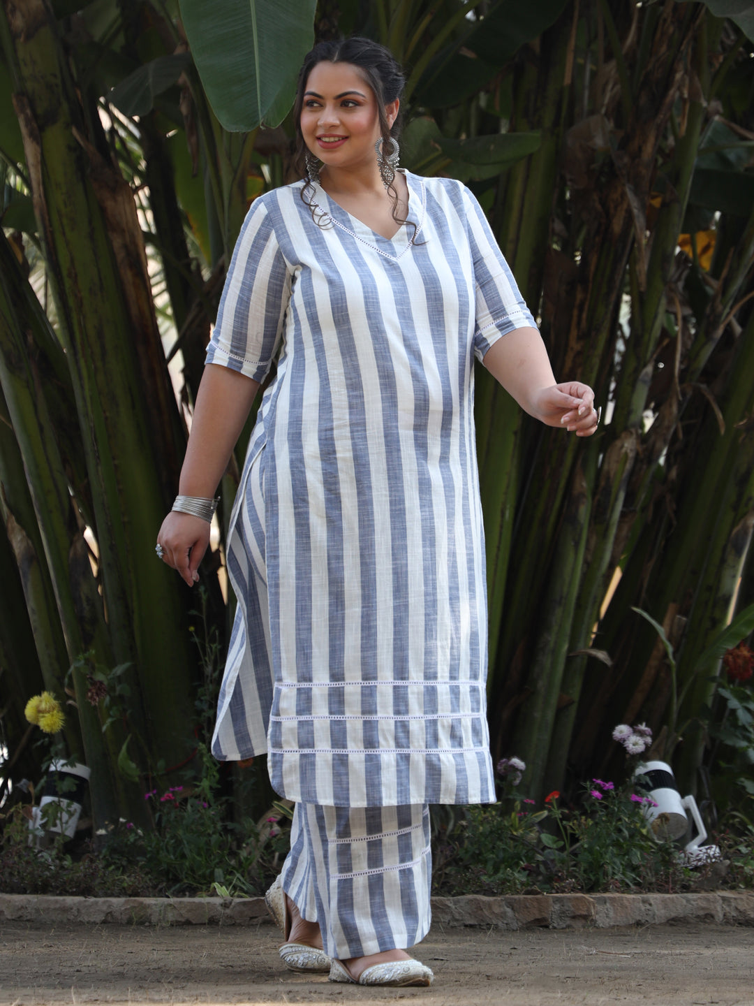 White & Blue Striped Cotton Yarn-Dyed Kurta With Palazzo