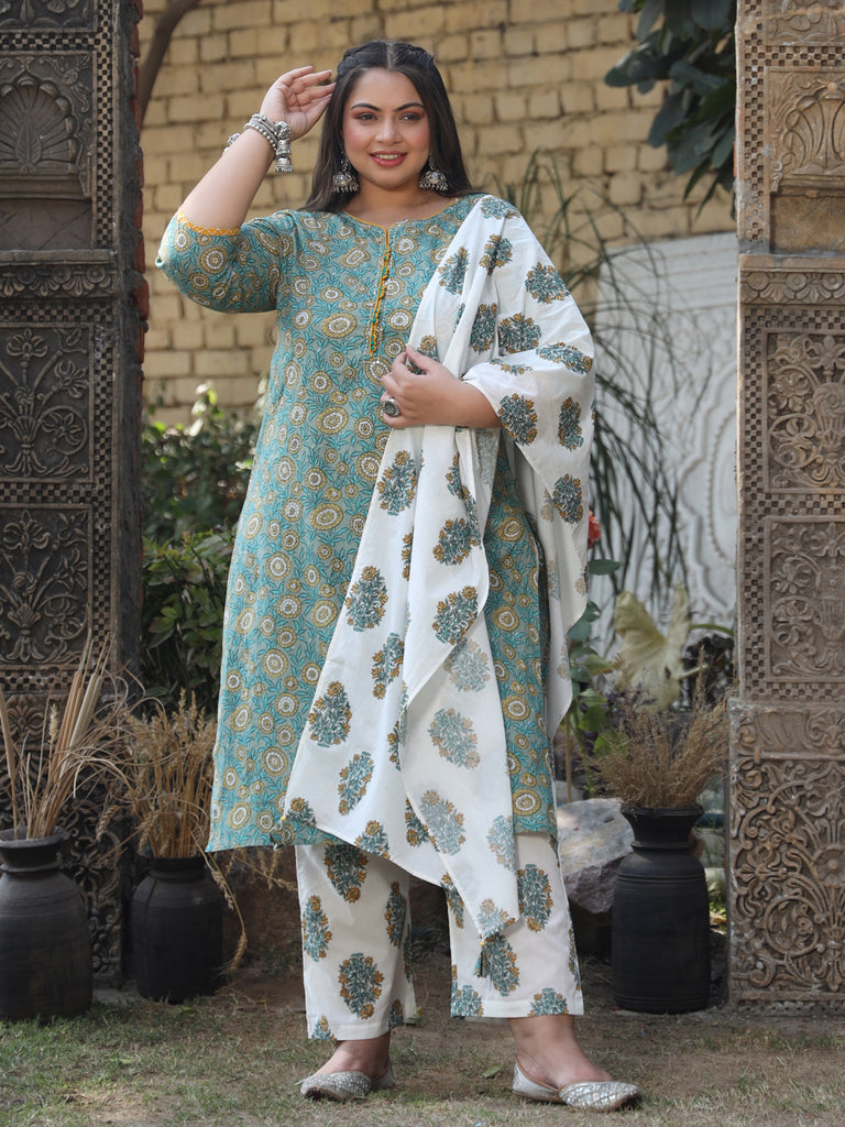 Green Printed Cotton Straight Thread Work Embellished Kurta With Palazzo And Dupatta