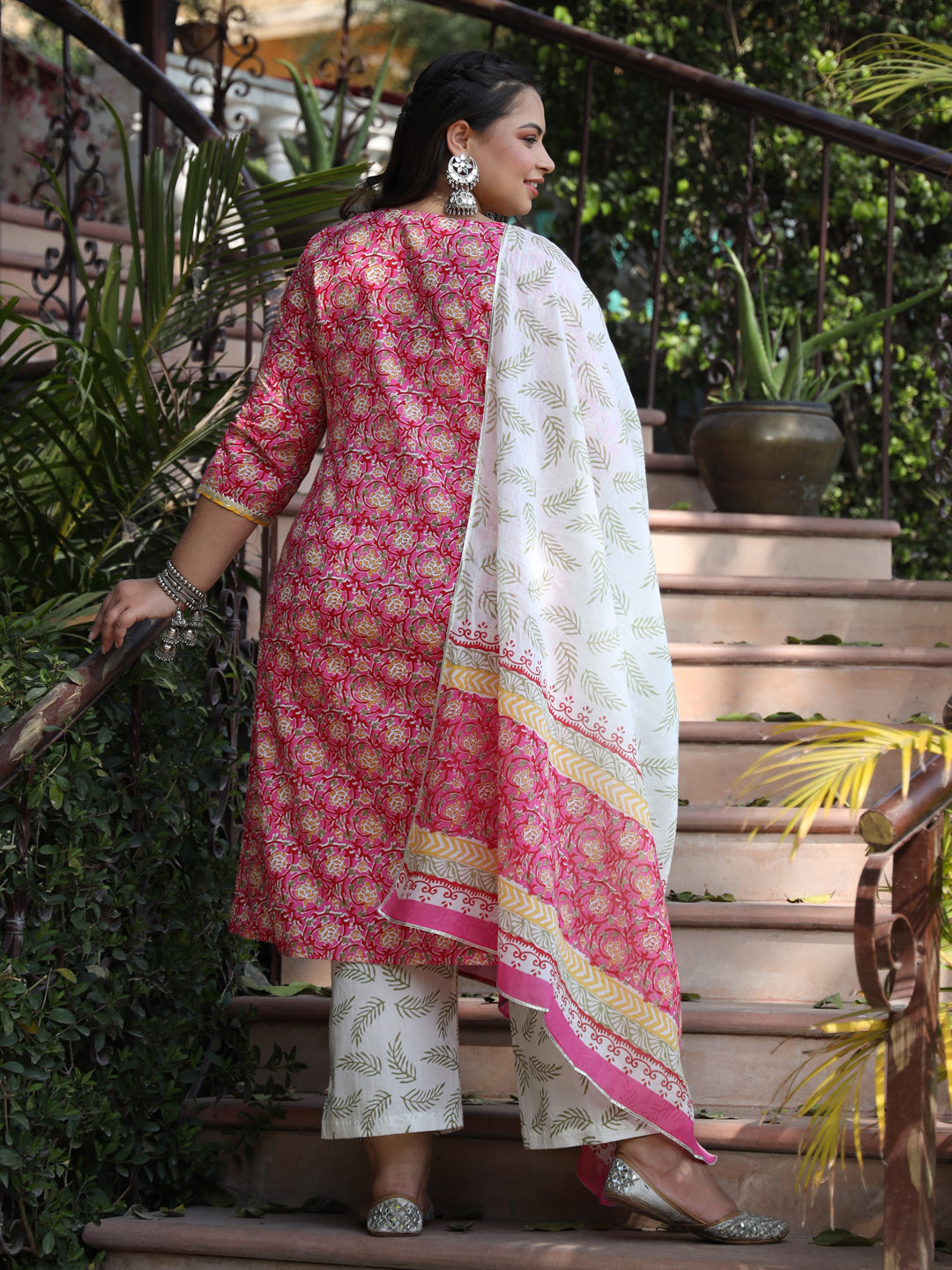 Pink And Cream-Coloured Printed Kurta With Trousers And Dupatta