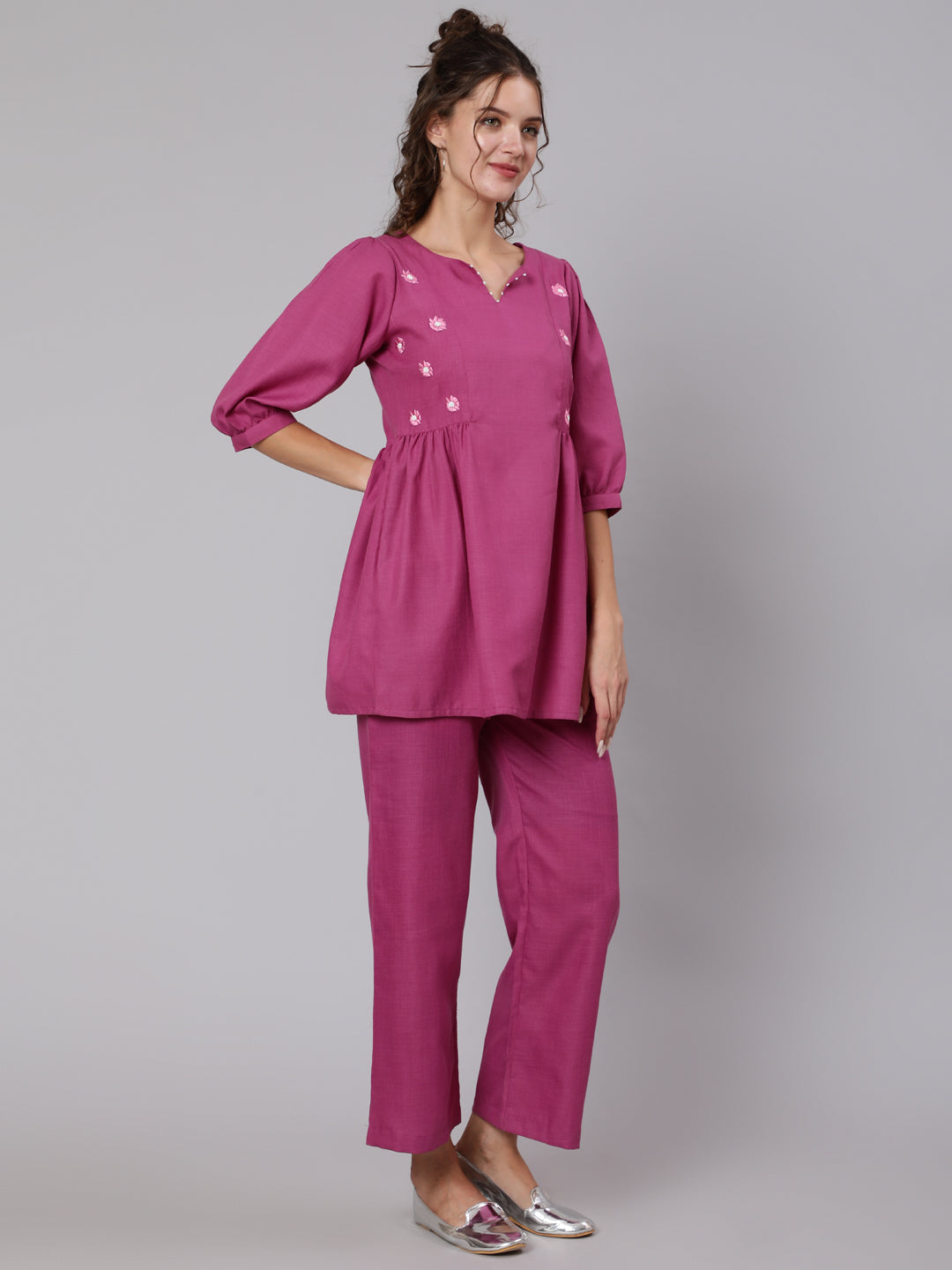 Buy Magenta Embroidered Top & Palazzo Co-Ord set | Jaipur Kurti 	Shop Stylish Magenta Co-Ord Set Online for Women. Buy Latest Embroidered Bead Work Flared Top with Puffed Sleeves & Magenta Palazzo at Jaipur Kurti at Diwali Sale 