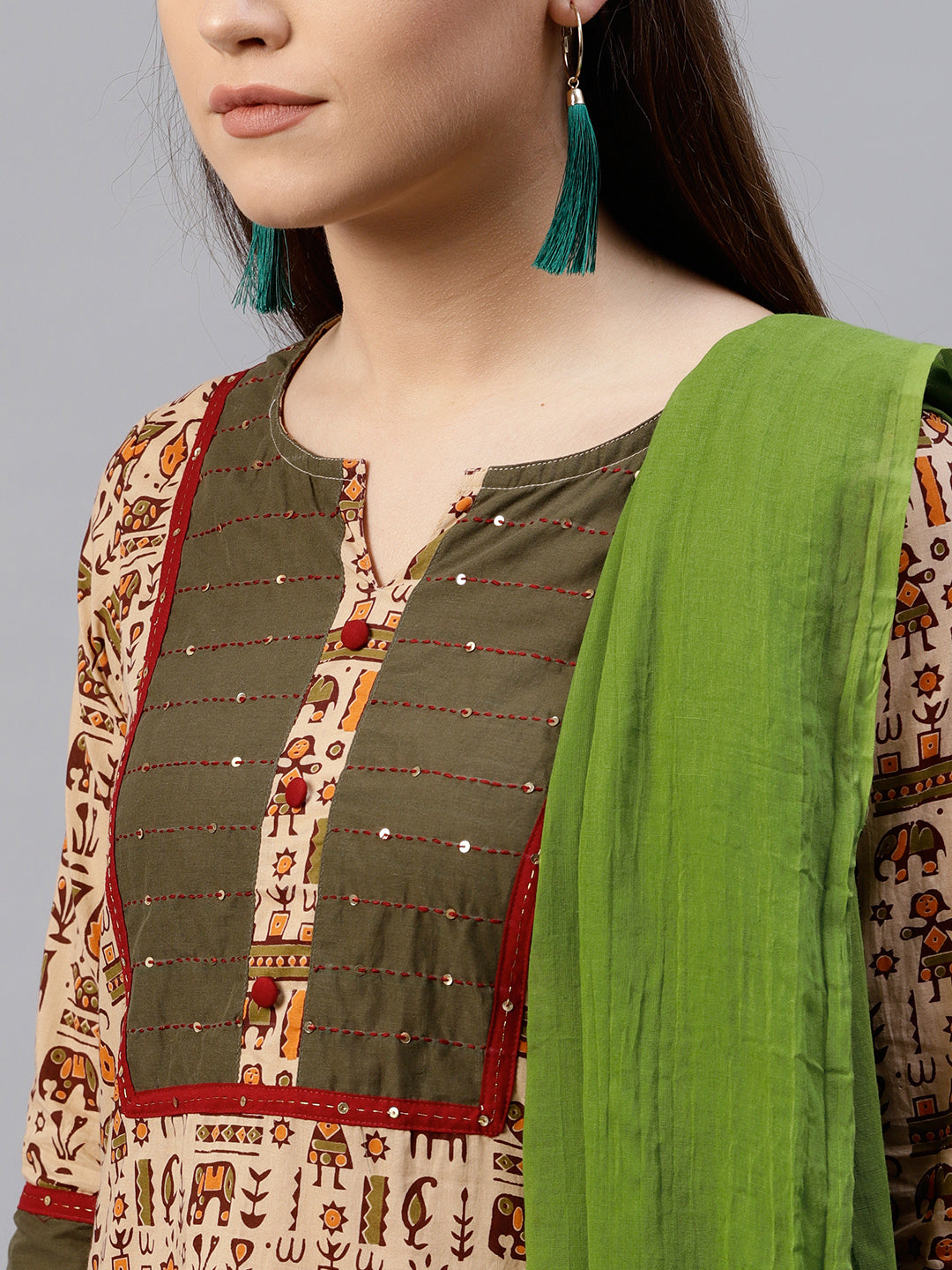 Beige And Olive Green Solid Straight Cotton Kurta With Patiala And Dupatta