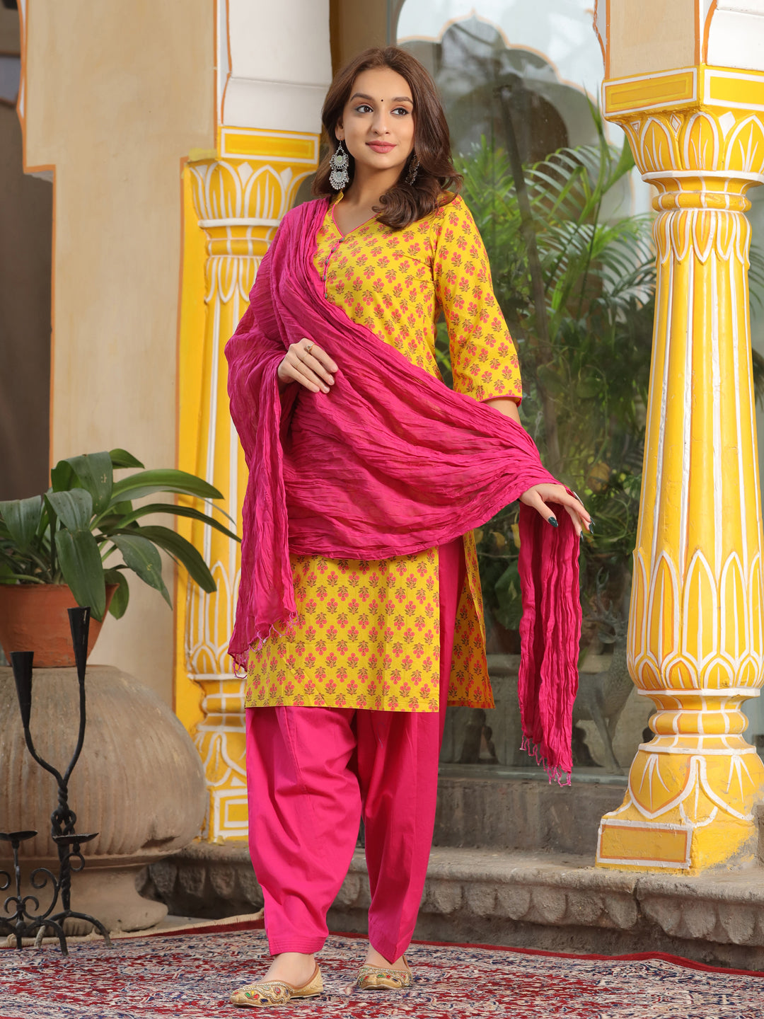 Yellow Ethnic Motif Straight Cotton Kurta With Salwar And Dupatta
