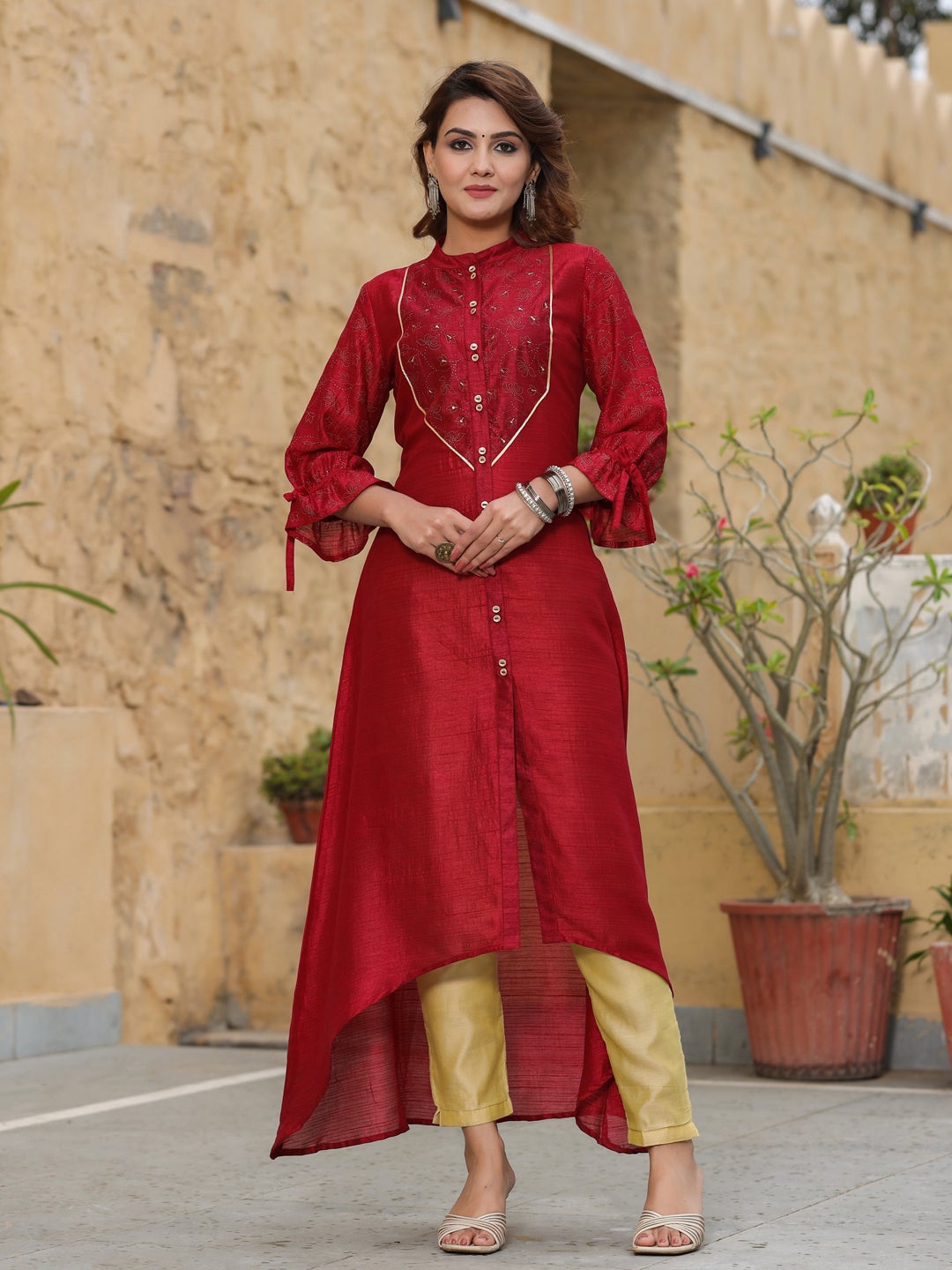 Brown Coloured Rayon Gold Foil Printed 3/4 Sleeves Gown Kurti with Bel –  Royskart