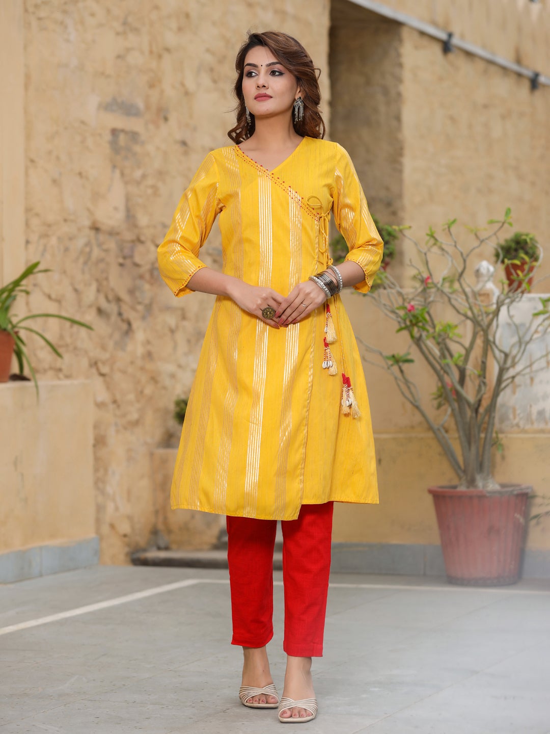 Striped Chanderi Cotton Angrakha A-Line Kurta