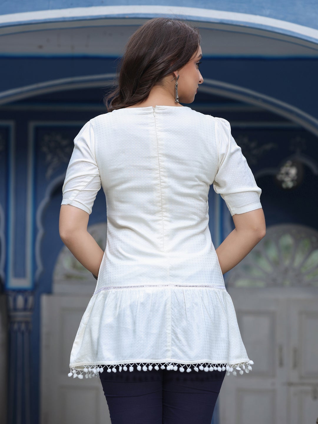 White Dobby Design Tiered A Line Top