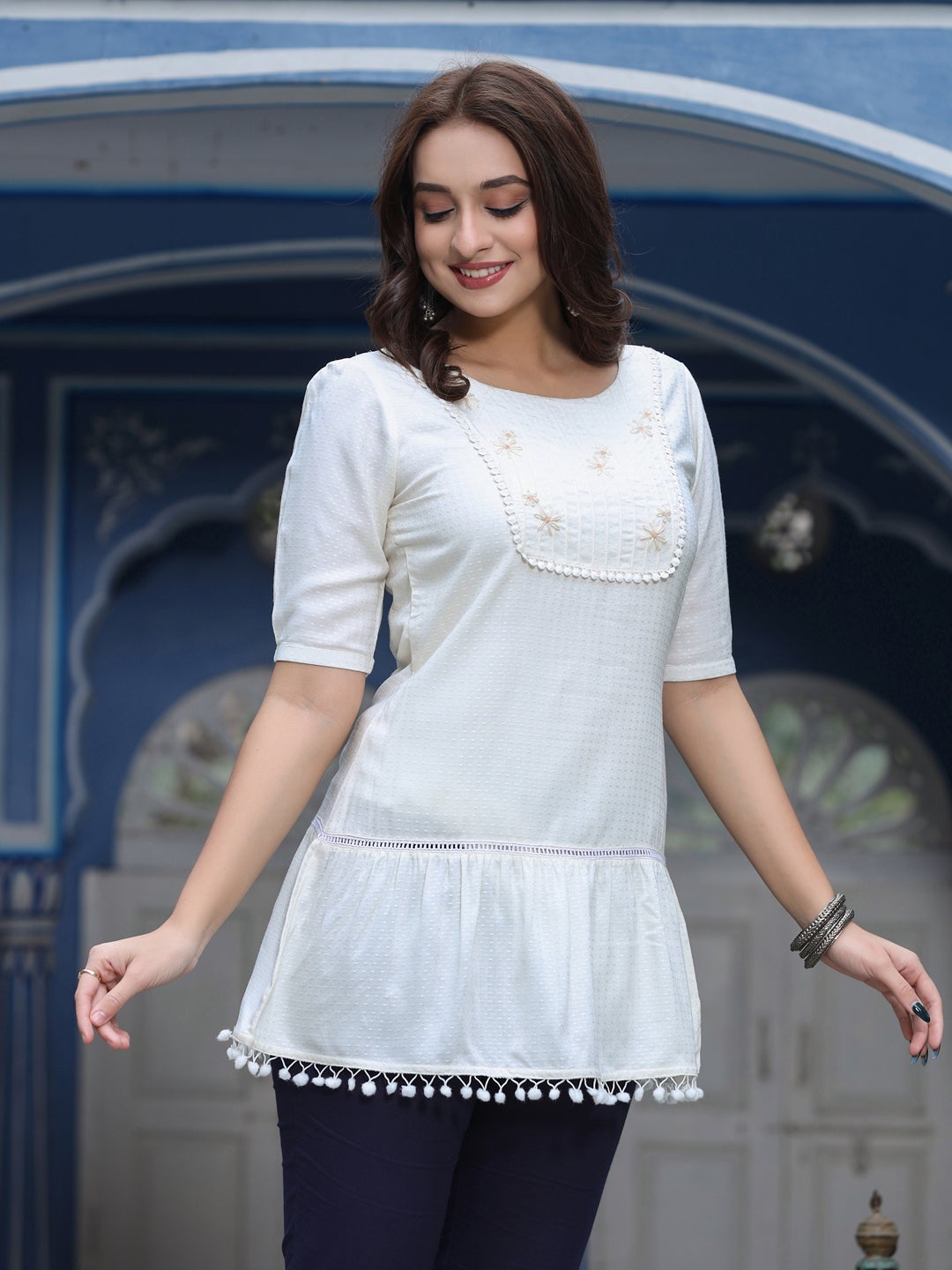 White Dobby Design Tiered A Line Top