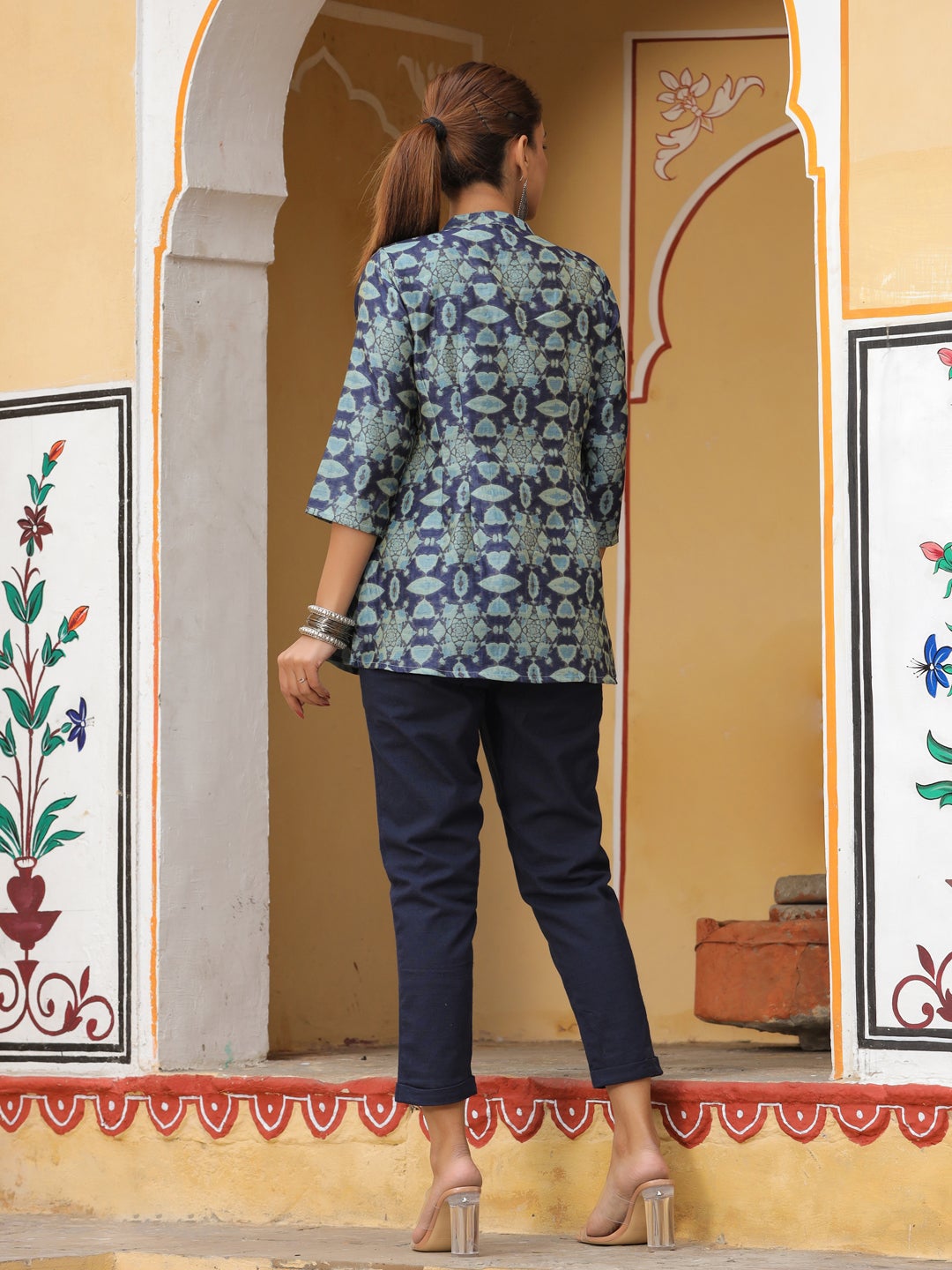 Blue Chanderi Jacquard Embellished Tunic