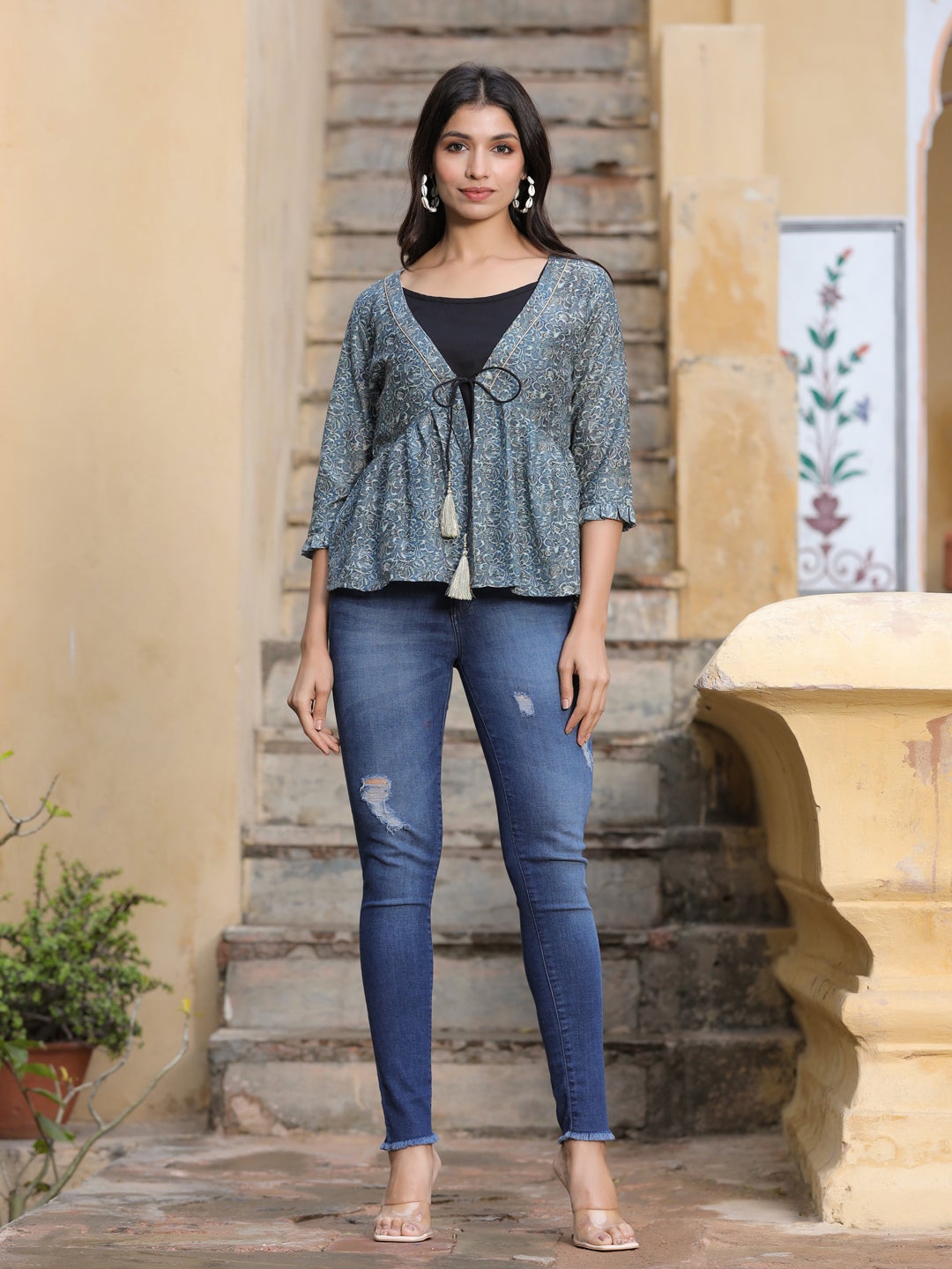 Grey Ethnic Printed Muslin Jacket Style Peplum Top With Cotton Inner