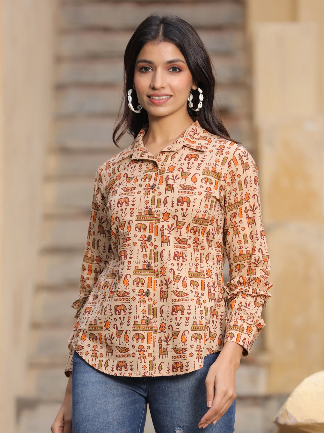 Beige Ethnic Printed Cotton Frills Shirt