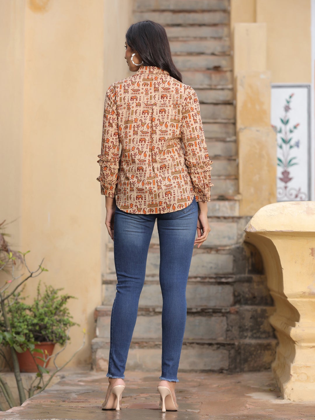 Beige Ethnic Printed Cotton Frills Shirt