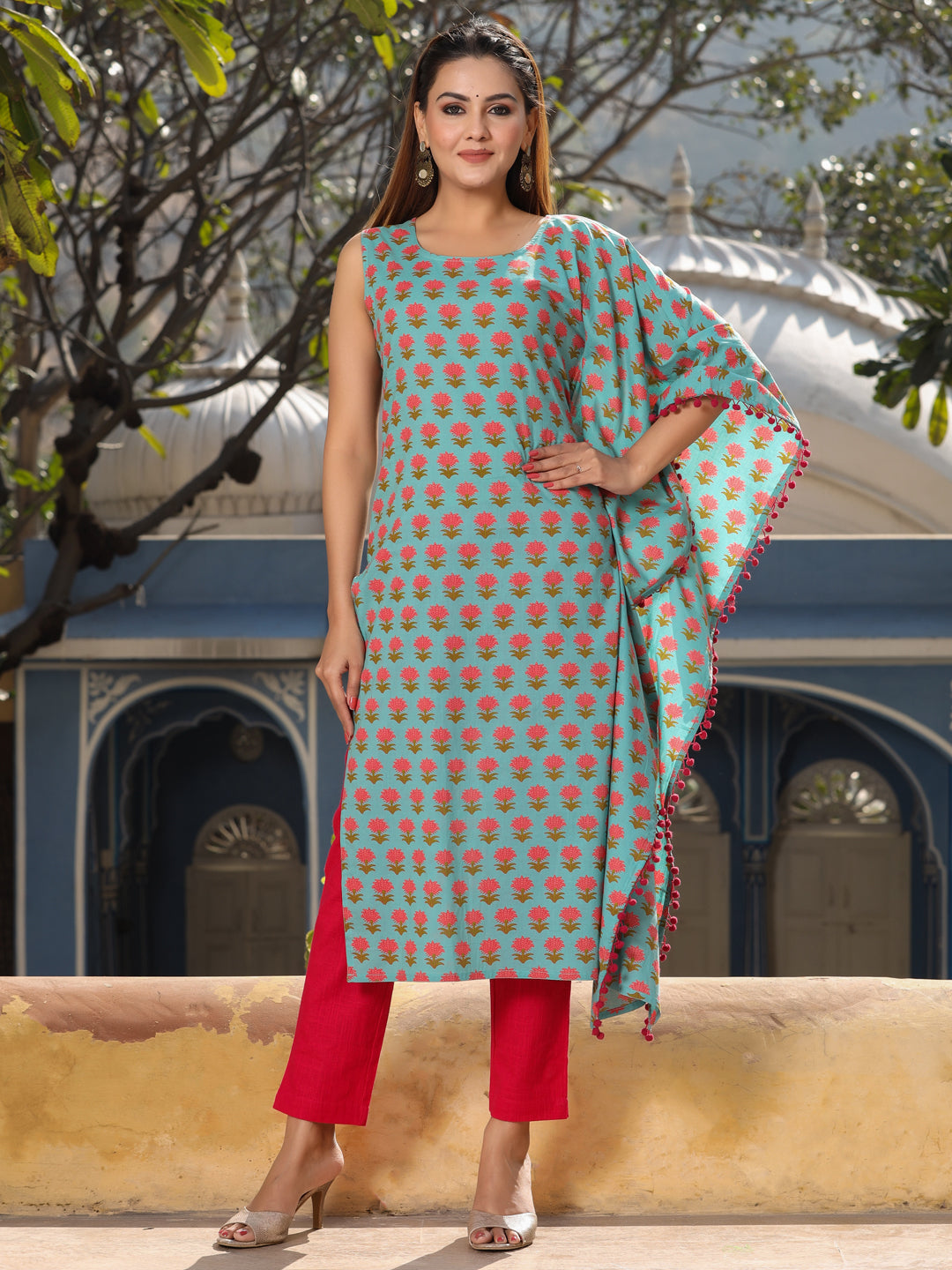 Printed Cotton Green Extended Sleeves Kurta