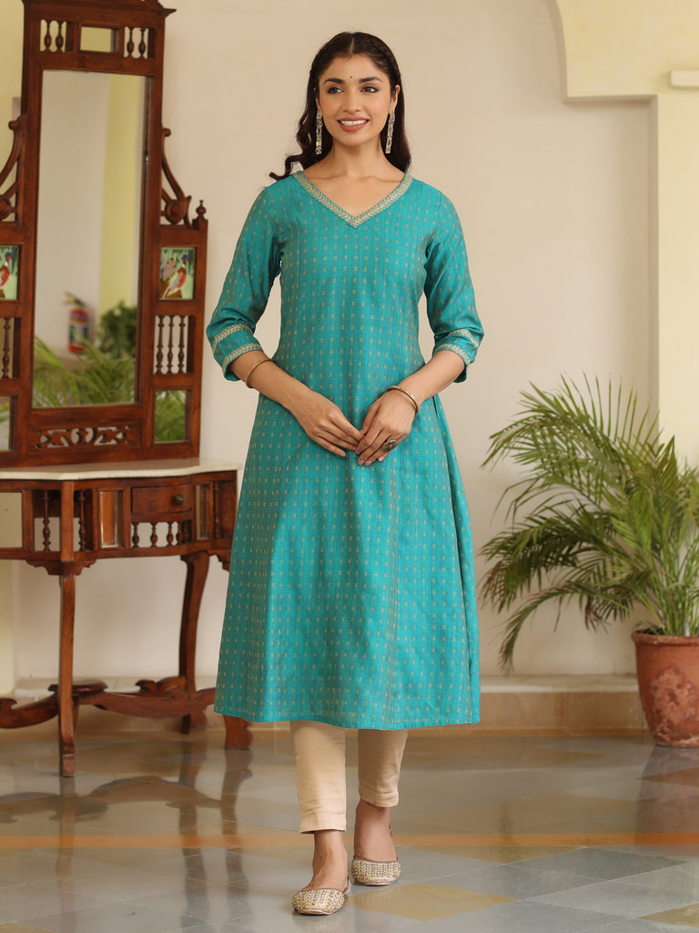 Turquoise Self Weave Chanderi A-Line Princess-Cut Embroidered Kurta