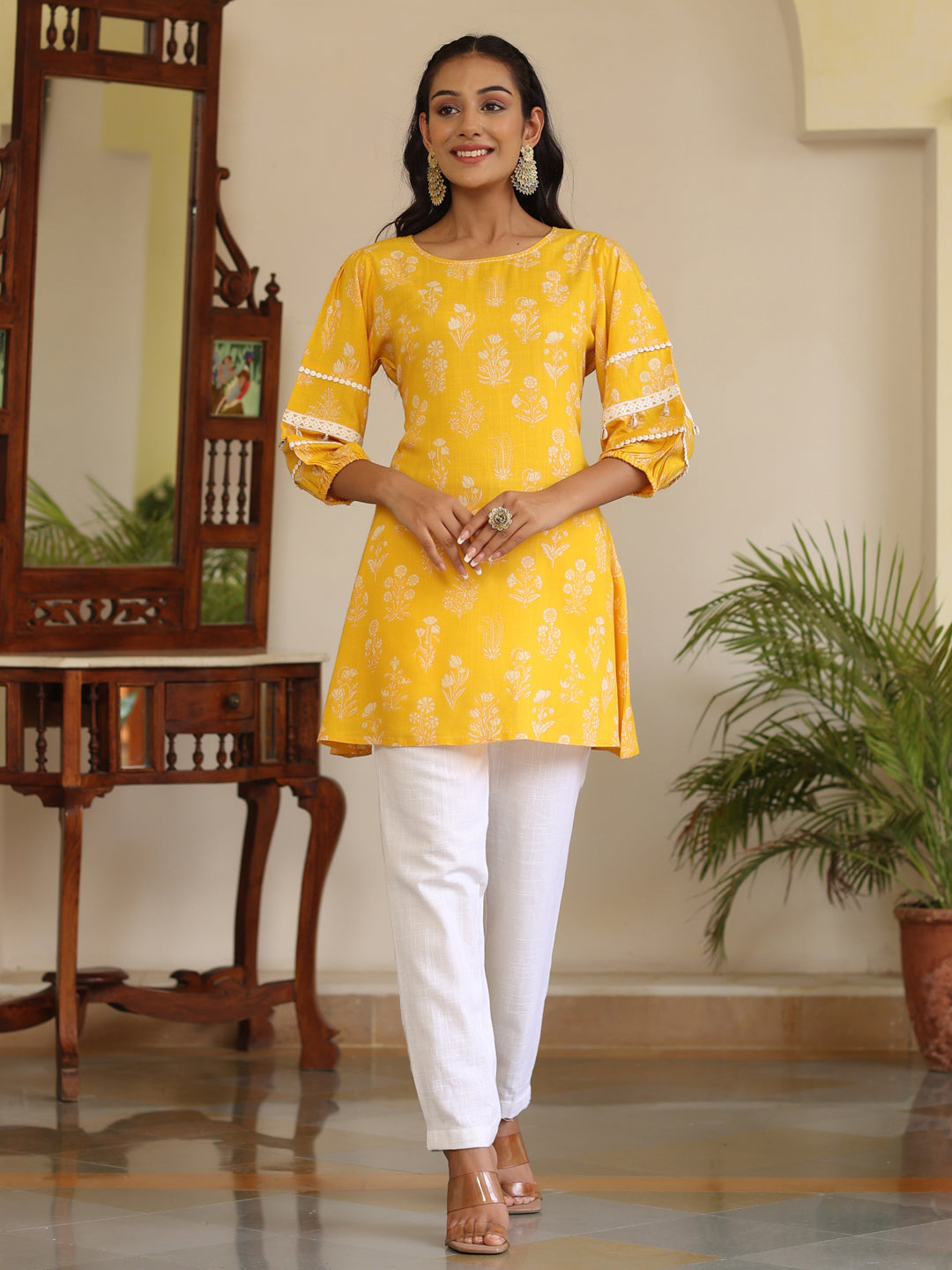 Yash Gallery Women's Yellow Rayon Floral Printed Short Kurti (Yellow)