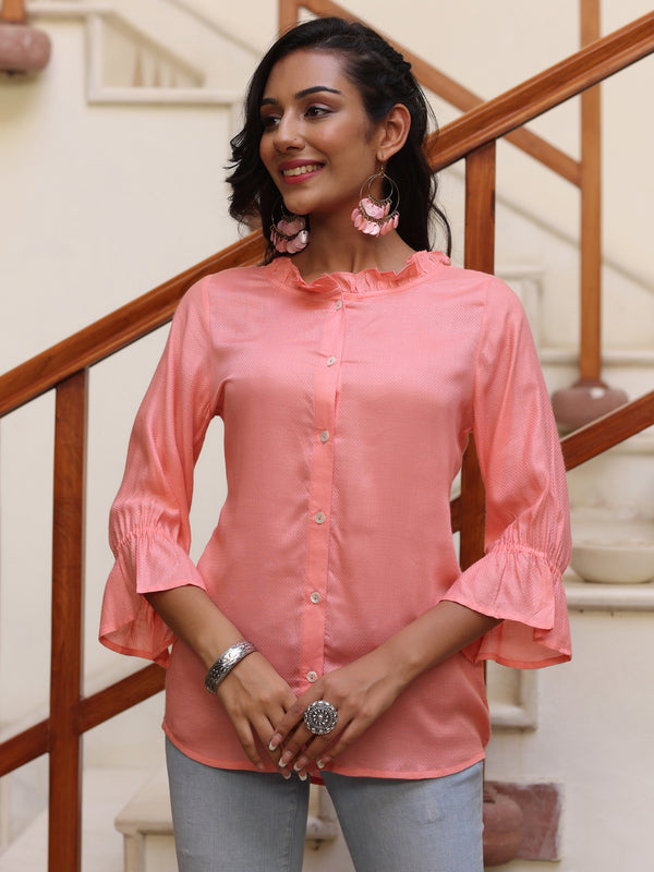 Peach Rayon Dobby Shirt With Frill Detail