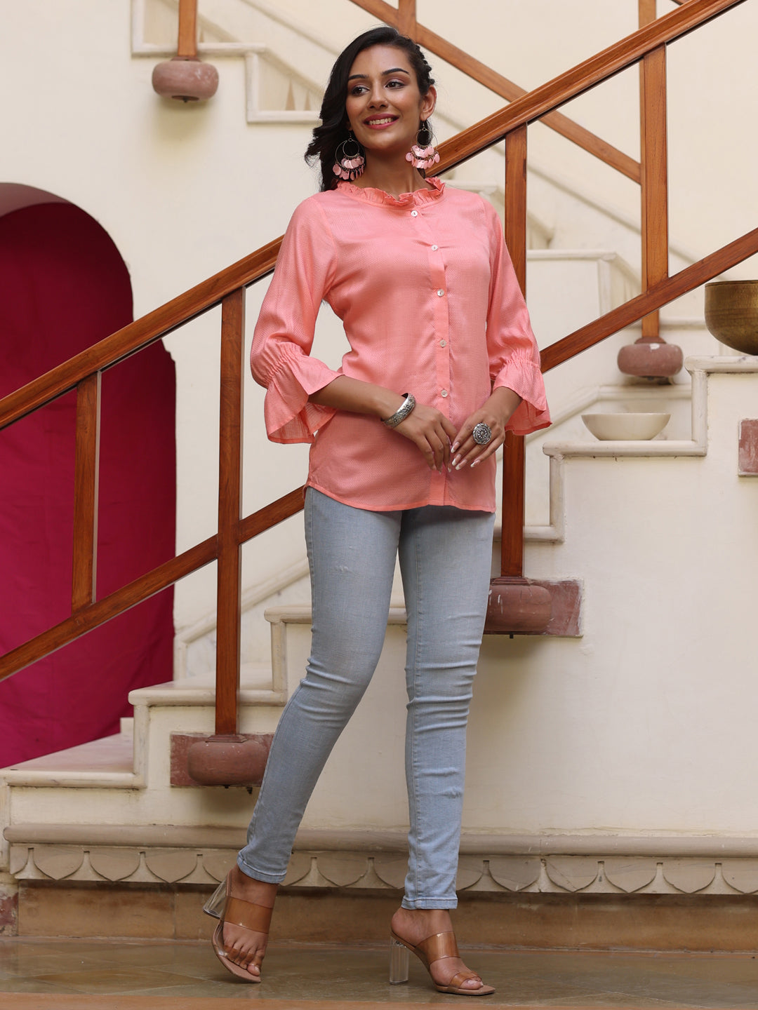 Peach Rayon Shirt With Frills