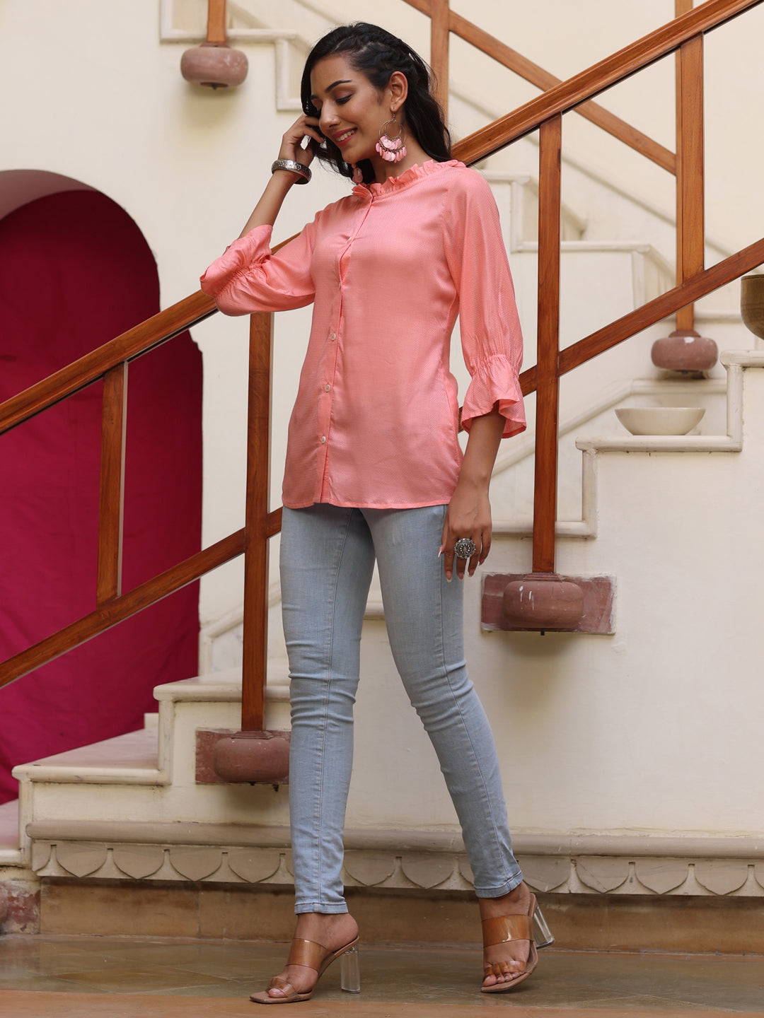 Peach Rayon Shirt With Frills