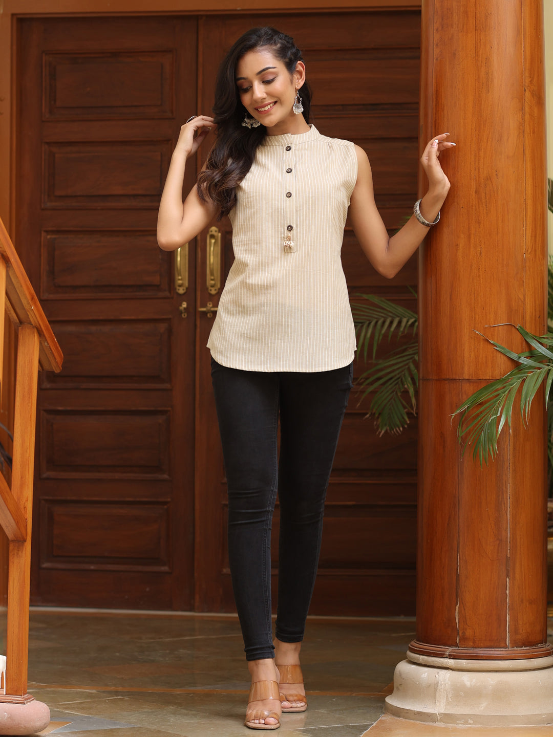 Beige Striped Yarn Dyed Sleeveless Top