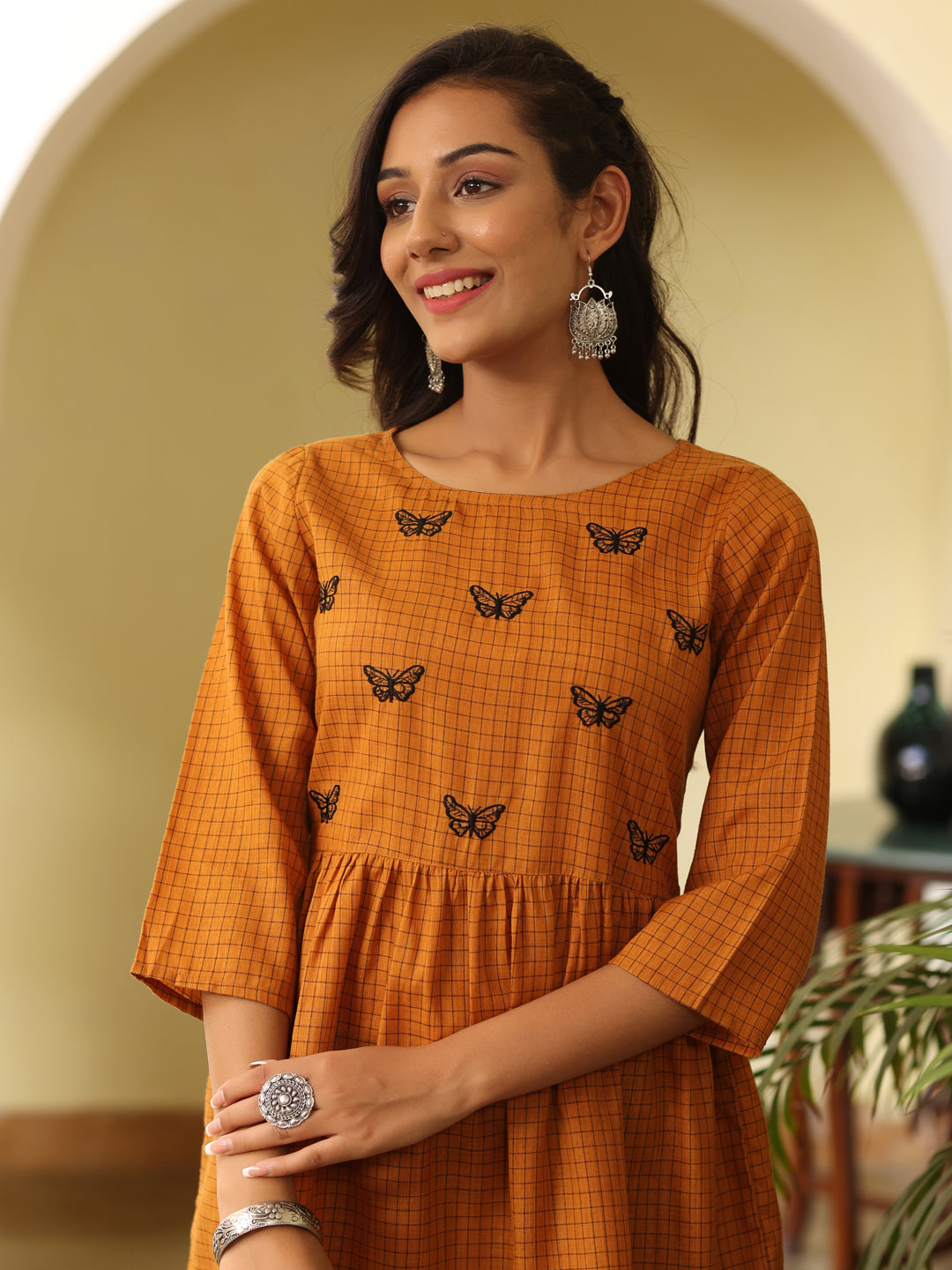 Embroidered Brown Yarn Dyed Checkered Chanderi Top