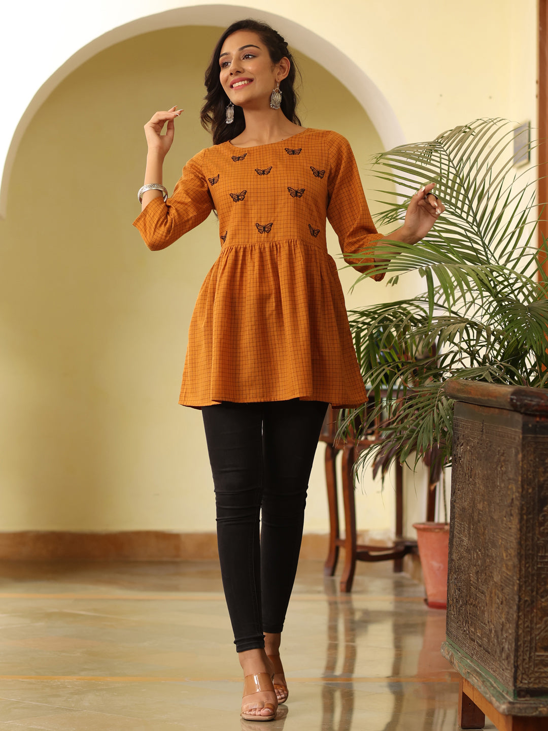 Embroidered Brown Yarn Dyed Checkered Chanderi Top