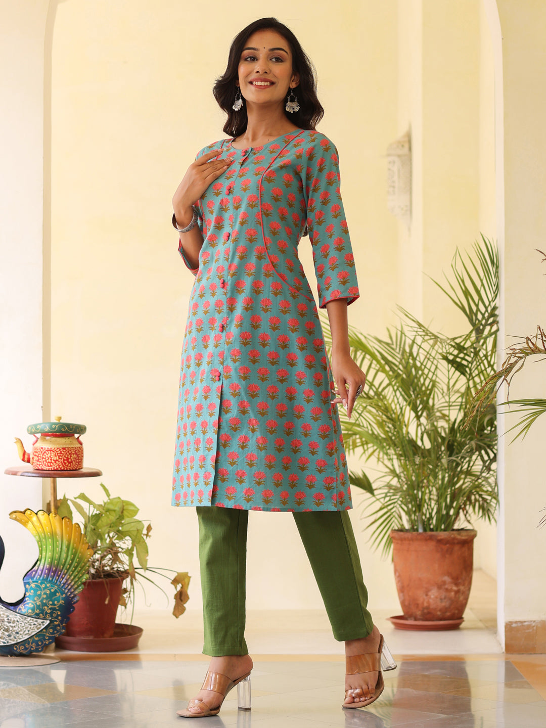 Blue Ethnic Printed Cotton Kurta
