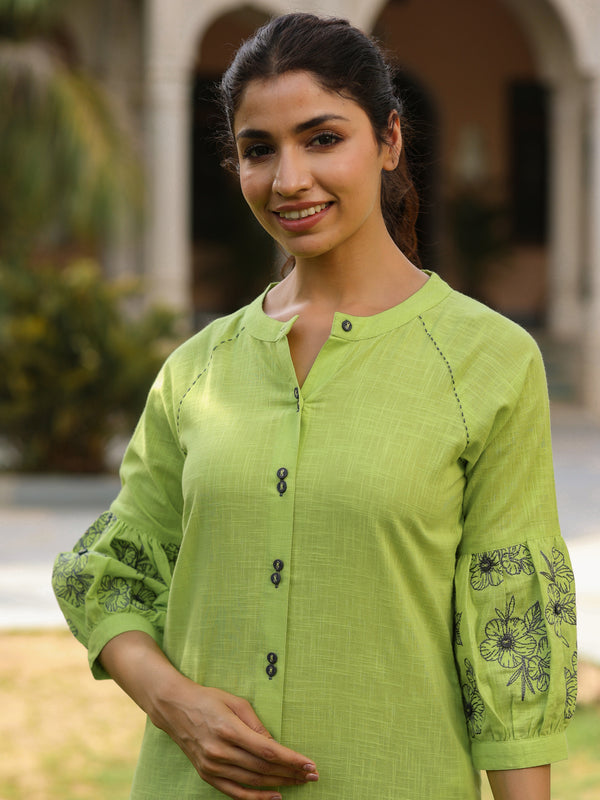 Green Cotton Slub Embroidered Puffed Sleeves Long Shirt