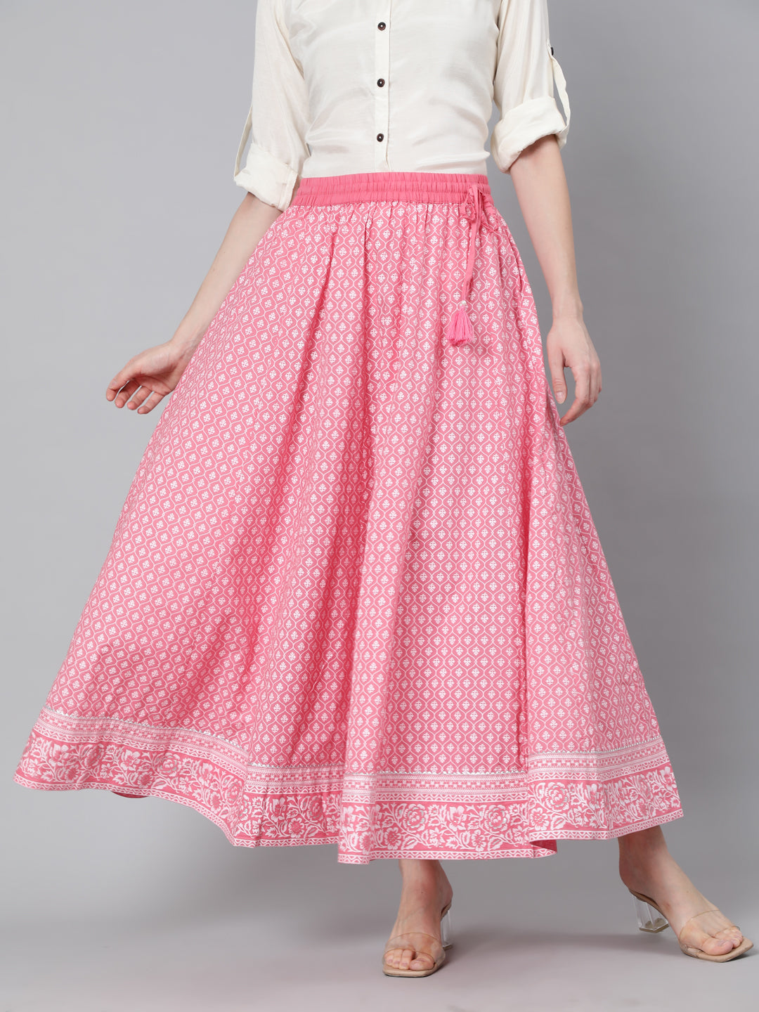 Pink Khadi Printed Maxi Flared Skirt