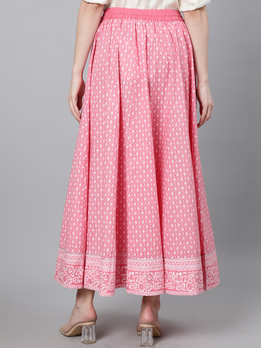 Pink Khadi Printed Maxi Flared Skirt