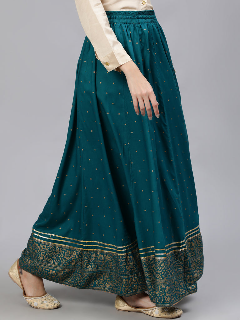 Buy Turquoise Blue & Golden Ethnic Motifs Print Flared Maxi Skirt