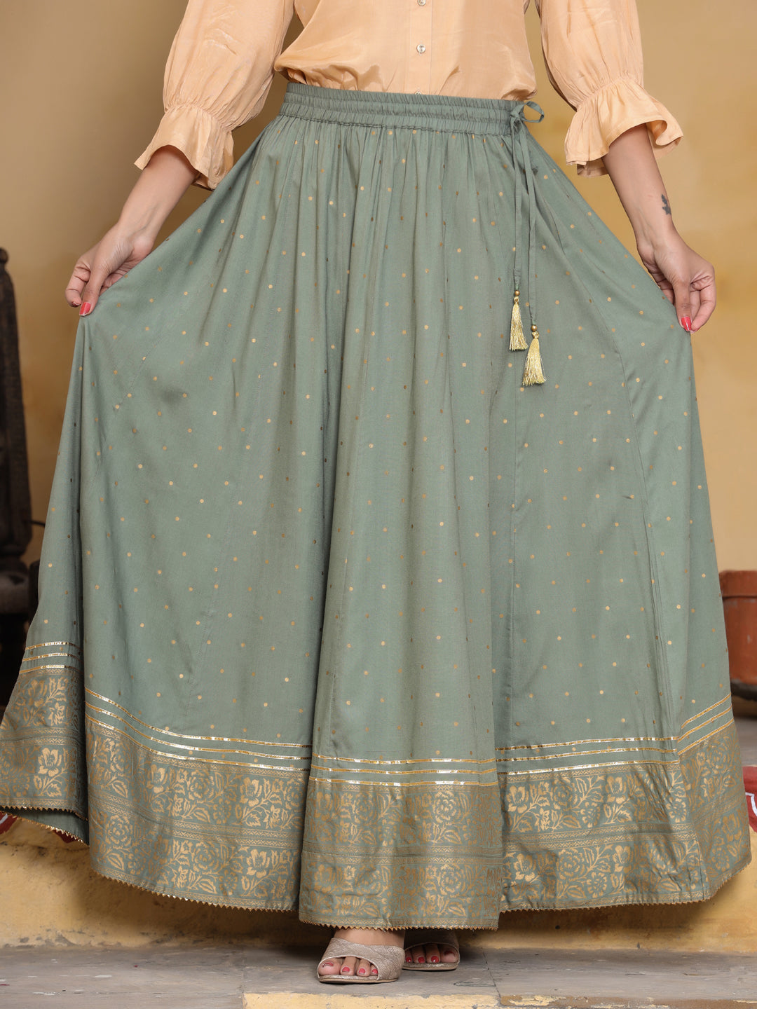 Buy Grey Gold Ethnic Printed Rayon Maxi Flared Skirt