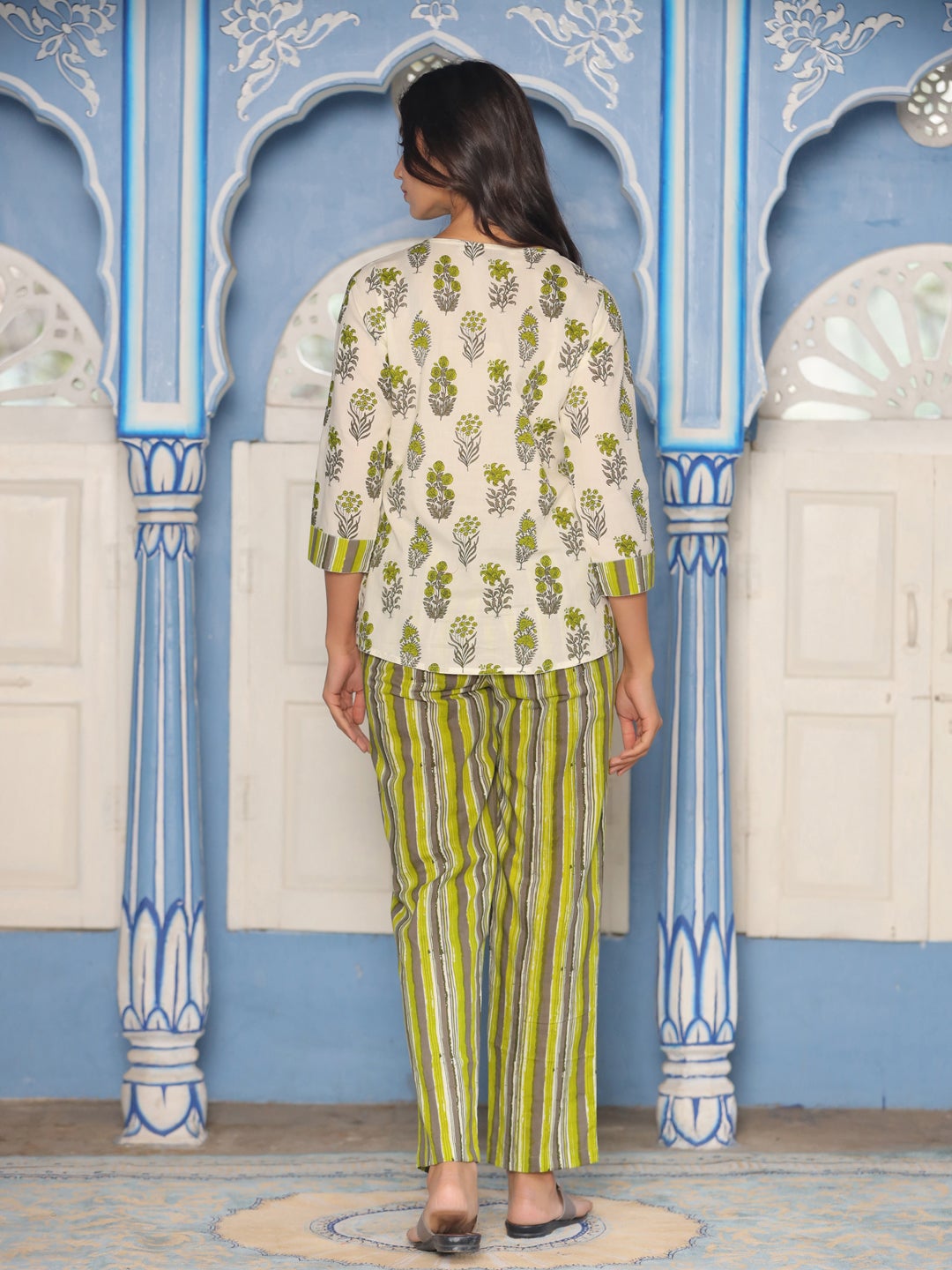 White and Green Floral Printed Loungewear