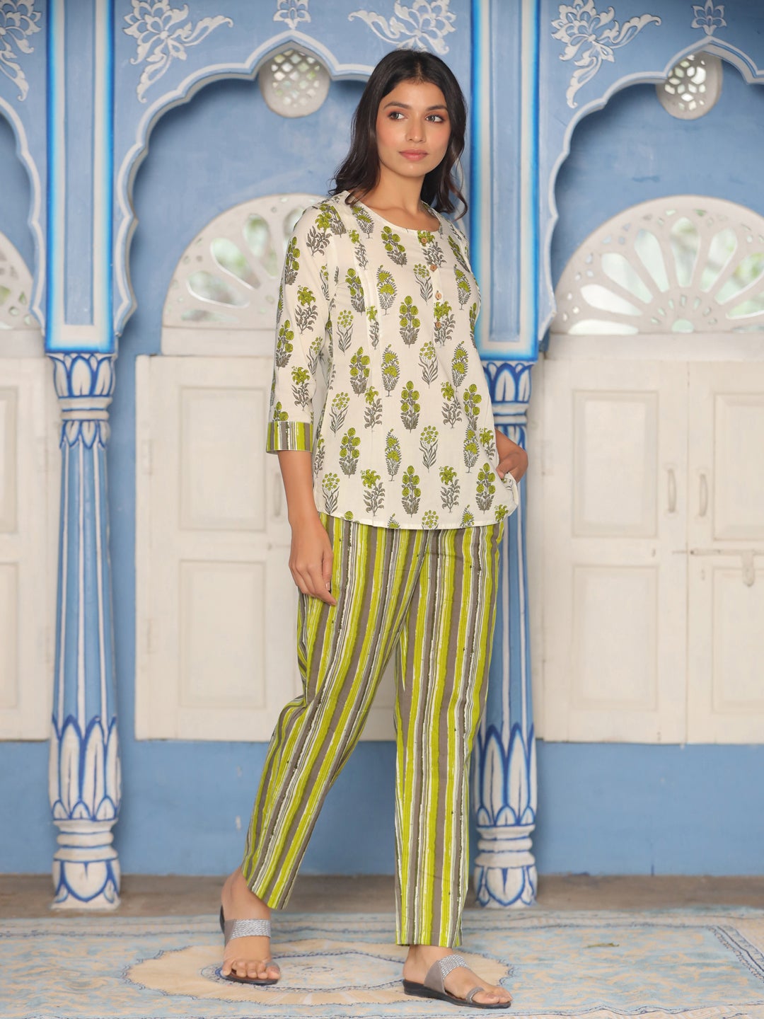 White and Green Floral Printed Loungewear