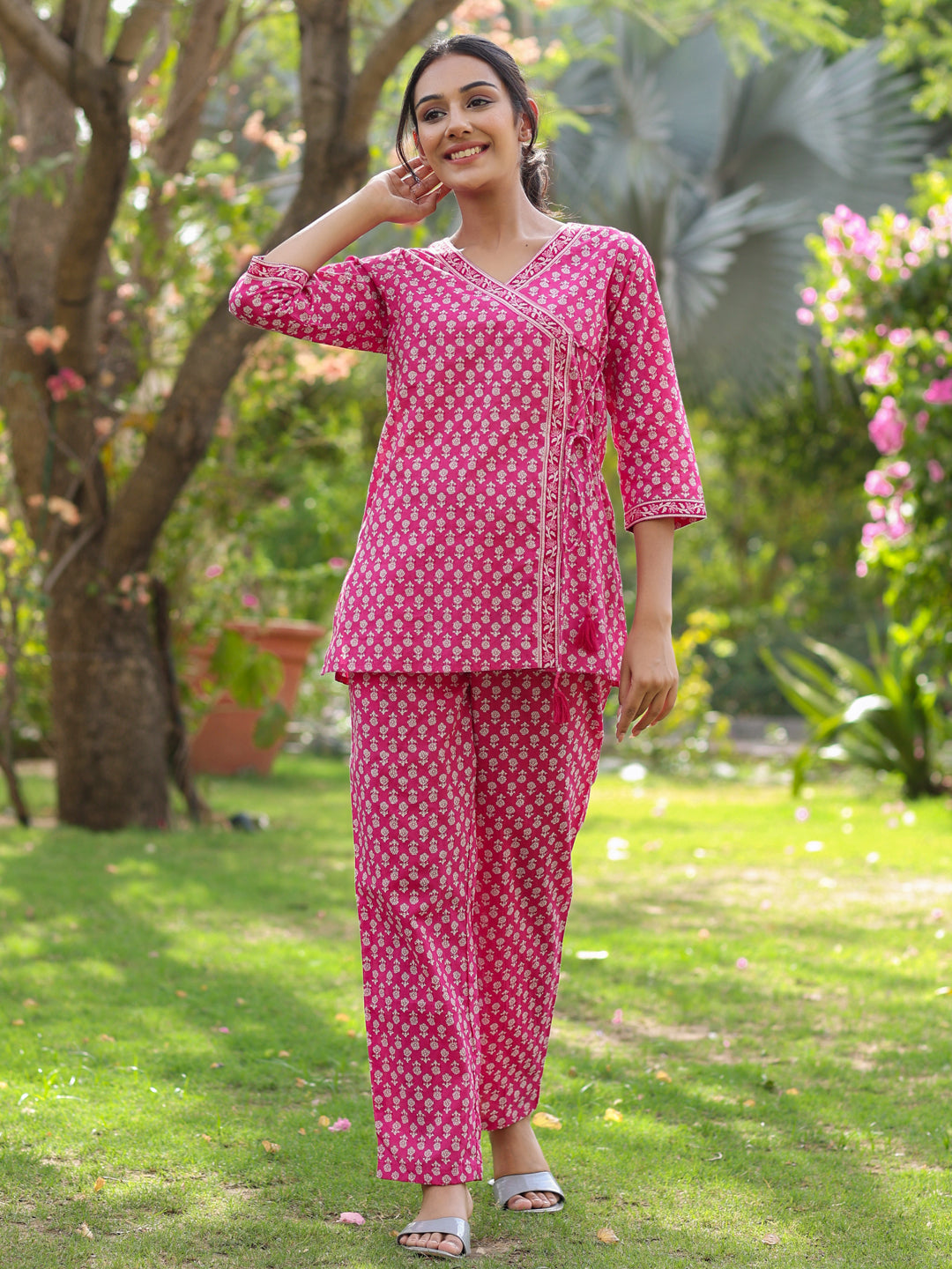 Pink And White Printed Cotton Lounge Wear Set