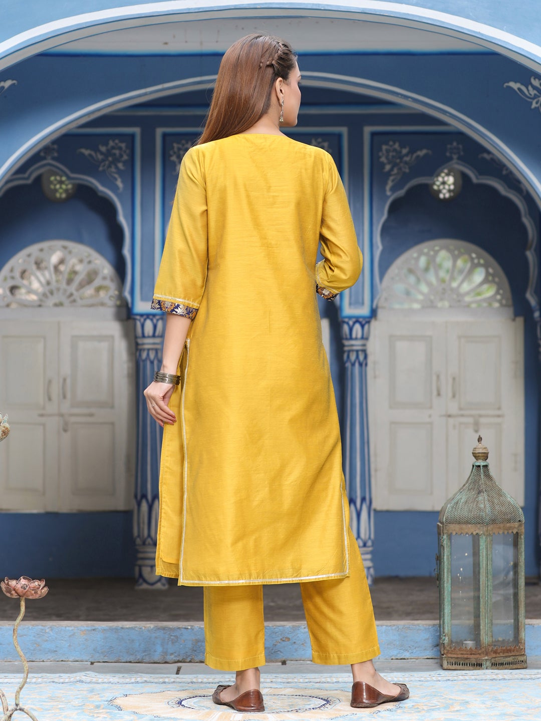 Solid Brocade Yoke Straight Kurta With Pants