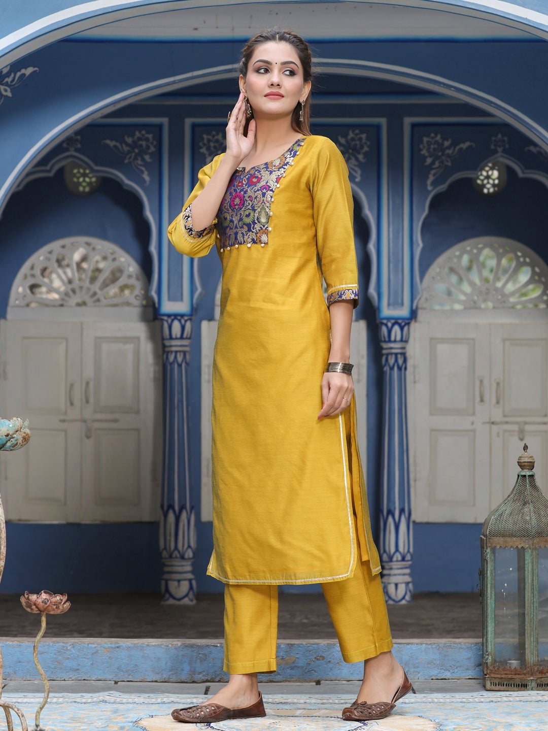 Solid Brocade Yoke Straight Kurta With Pants