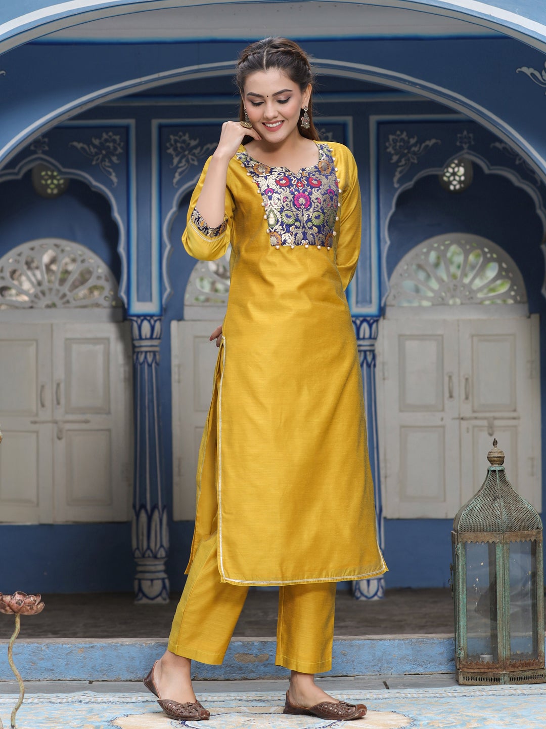 Solid Brocade Yoke Straight Kurta With Pants