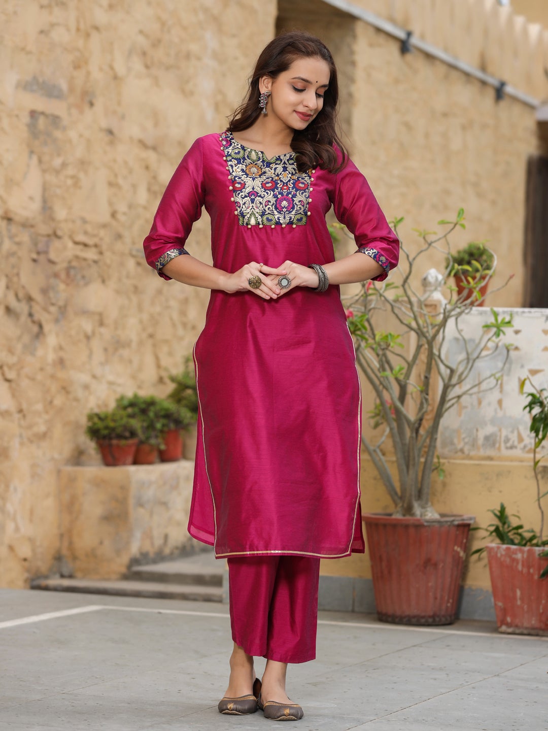 Shop Solid Brocade Yoke Straight Kurta with Pants Online at Jaipur Kurti. Shop Classic Embroidery Ddesigned Clothes for Women Perfect for all special occasions
