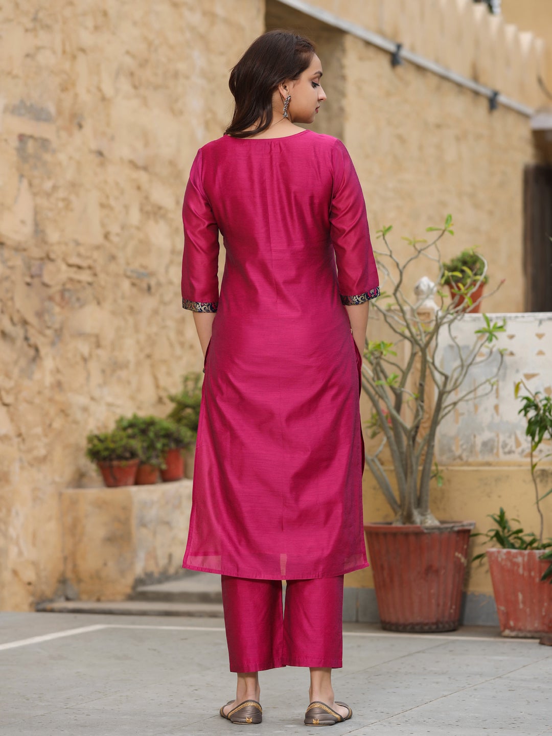 Shop Solid Brocade Yoke Straight Kurta with Pants Online at Jaipur Kurti. Shop Classic Embroidery Ddesigned Clothes for Women Perfect for all special occasions