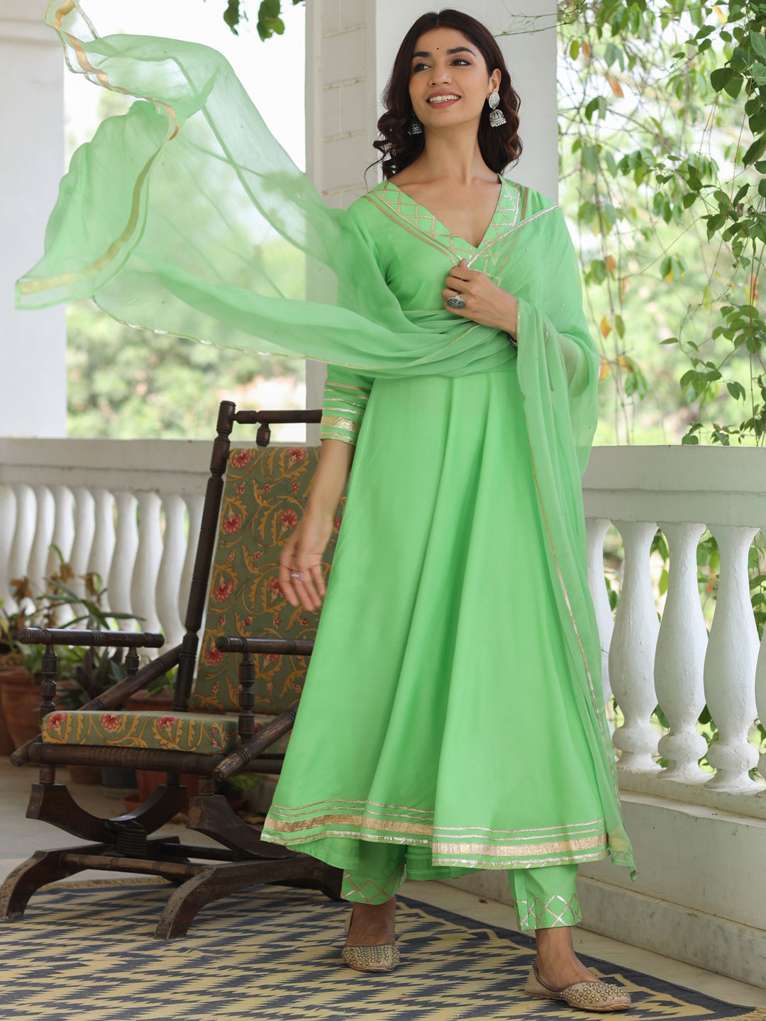 Rayon Solid Green Gota Embellished Anrakali Kurta Set With Dupatta