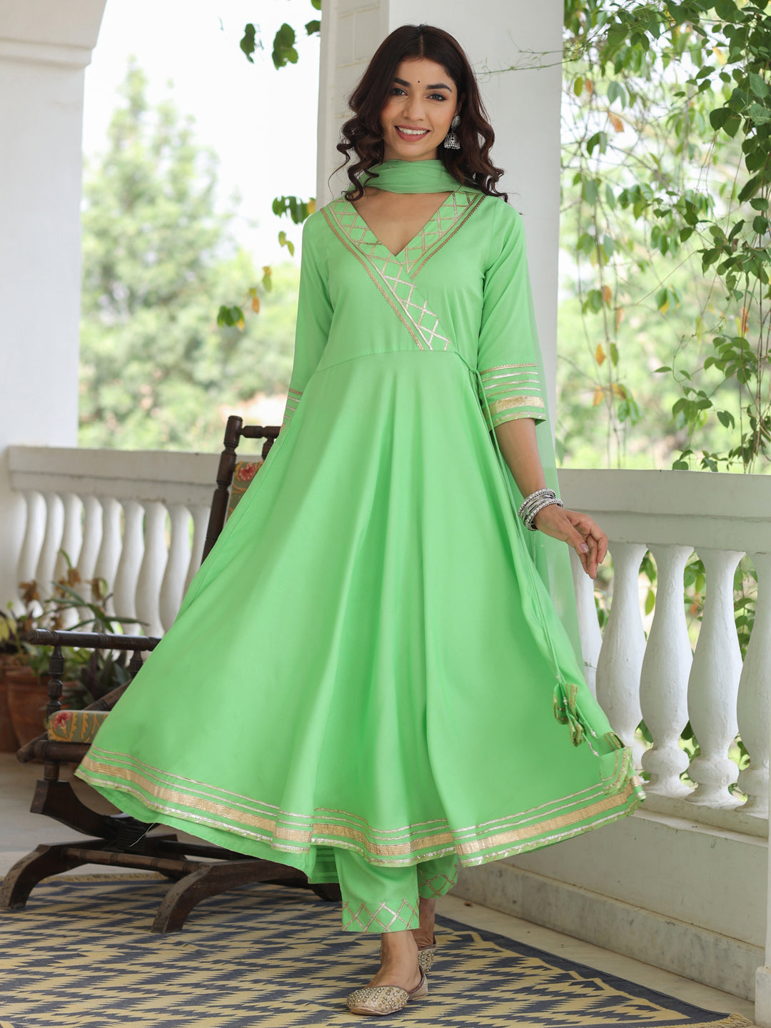Rayon Solid Green Gota Embellished Anrakali Kurta Set With Dupatta