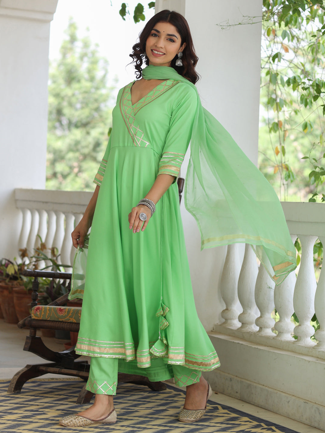 Rayon Solid Green Gota Embellished Anrakali Kurta Set With Dupatta