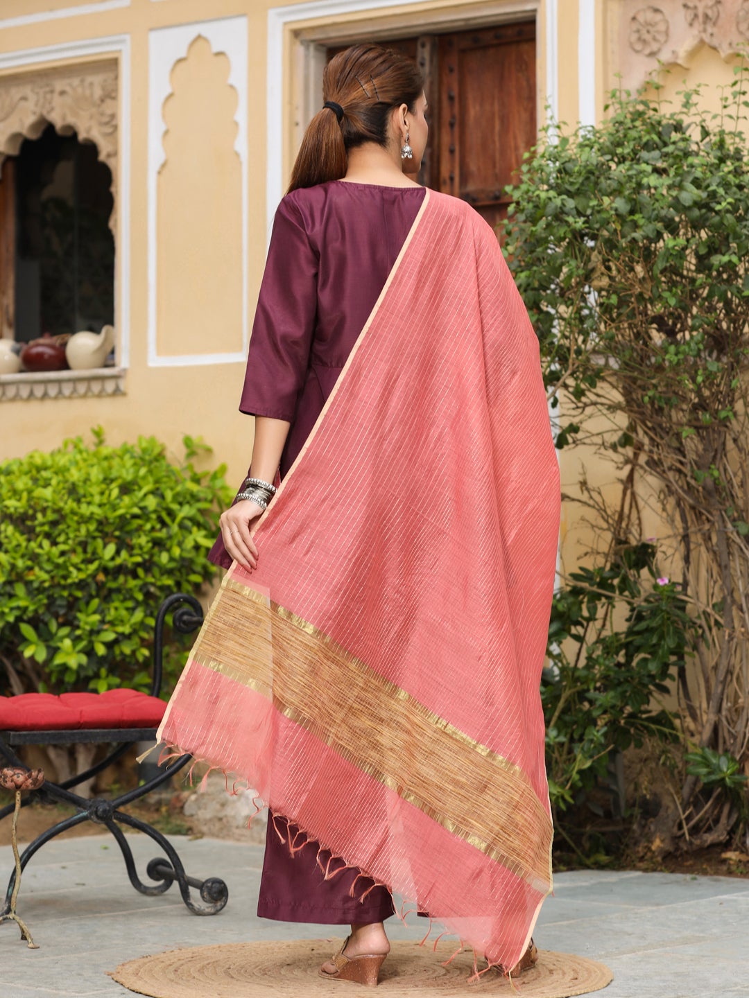 Embroidery Details Peplum Kurti With Palazzos & Dupatta