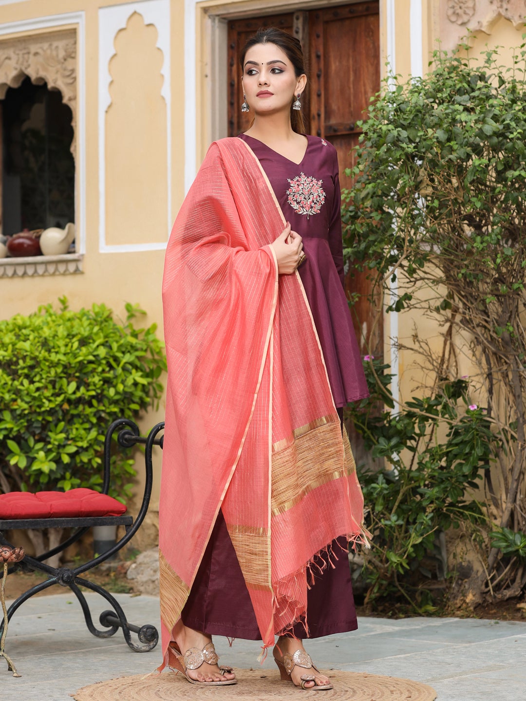 Embroidery Details Peplum Kurti With Palazzos & Dupatta