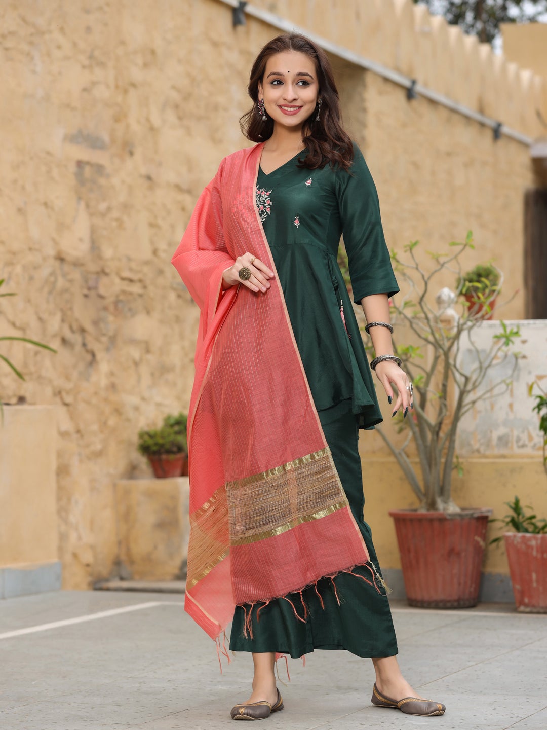 Embroidery Details Peplum Kurti With Palazzos & Dupatta