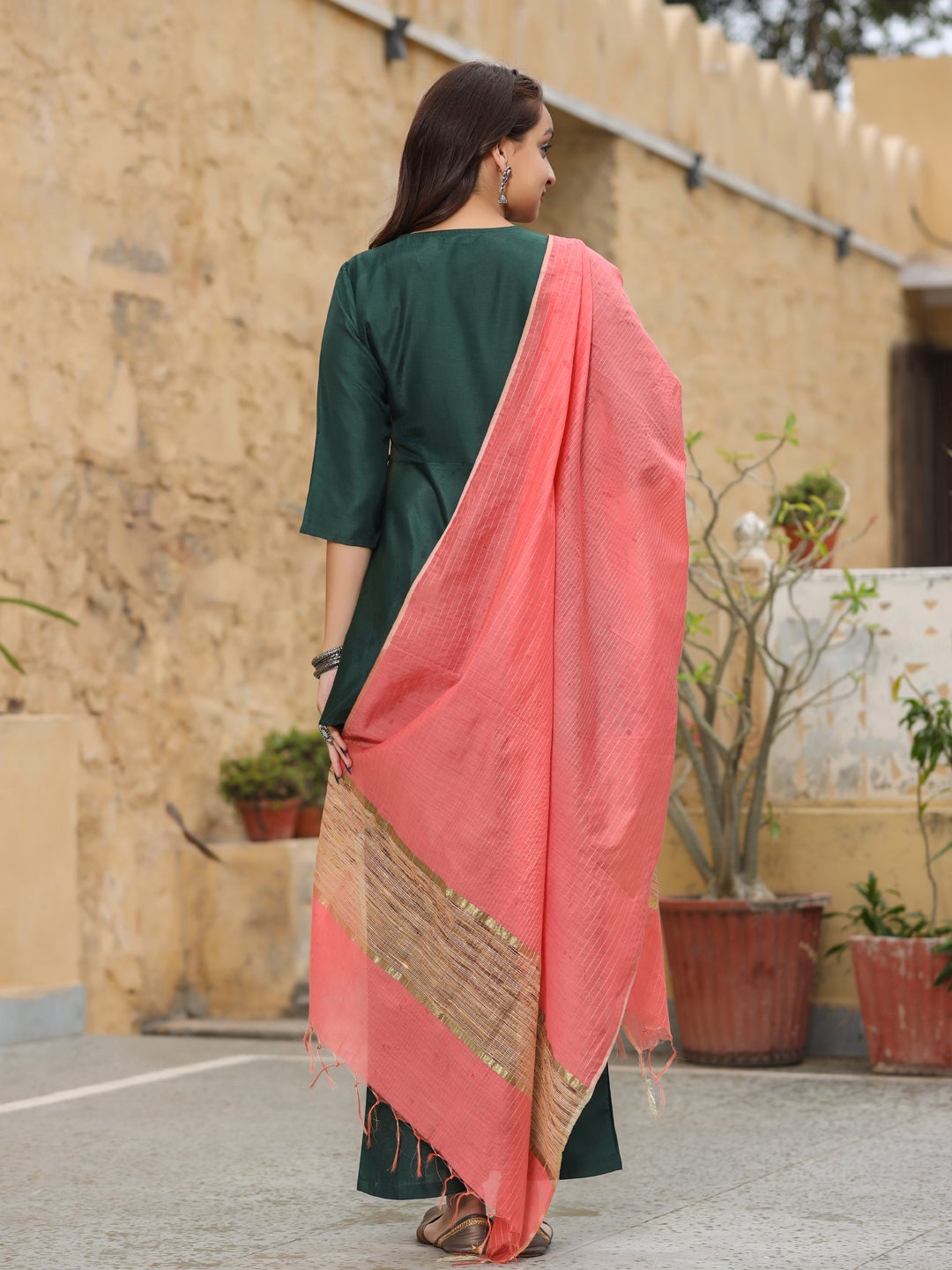 Embroidery Details Peplum Kurti With Palazzos & Dupatta