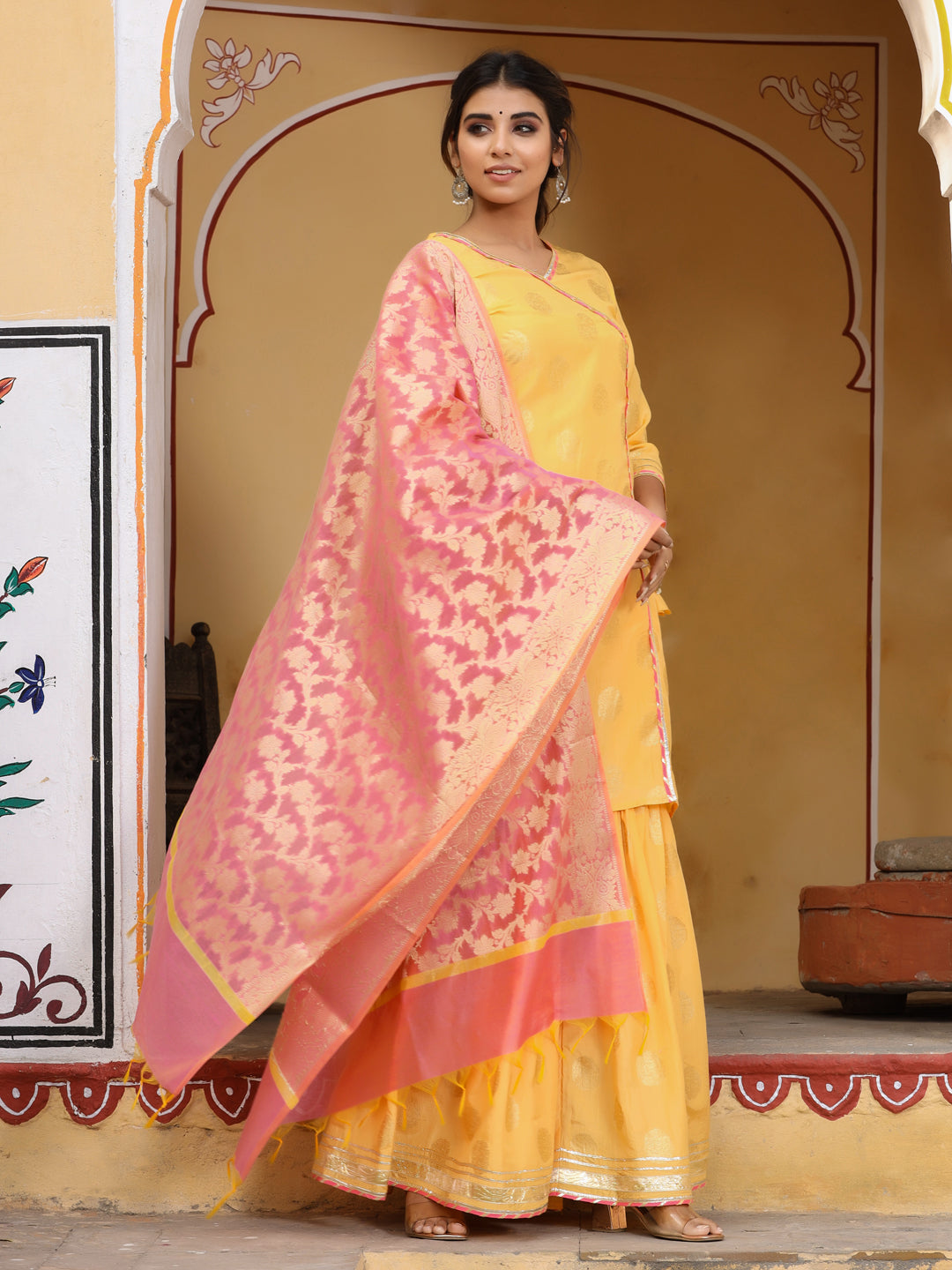 Yellow Gold Print Angrakha Kurta With Sharara And Dupatta